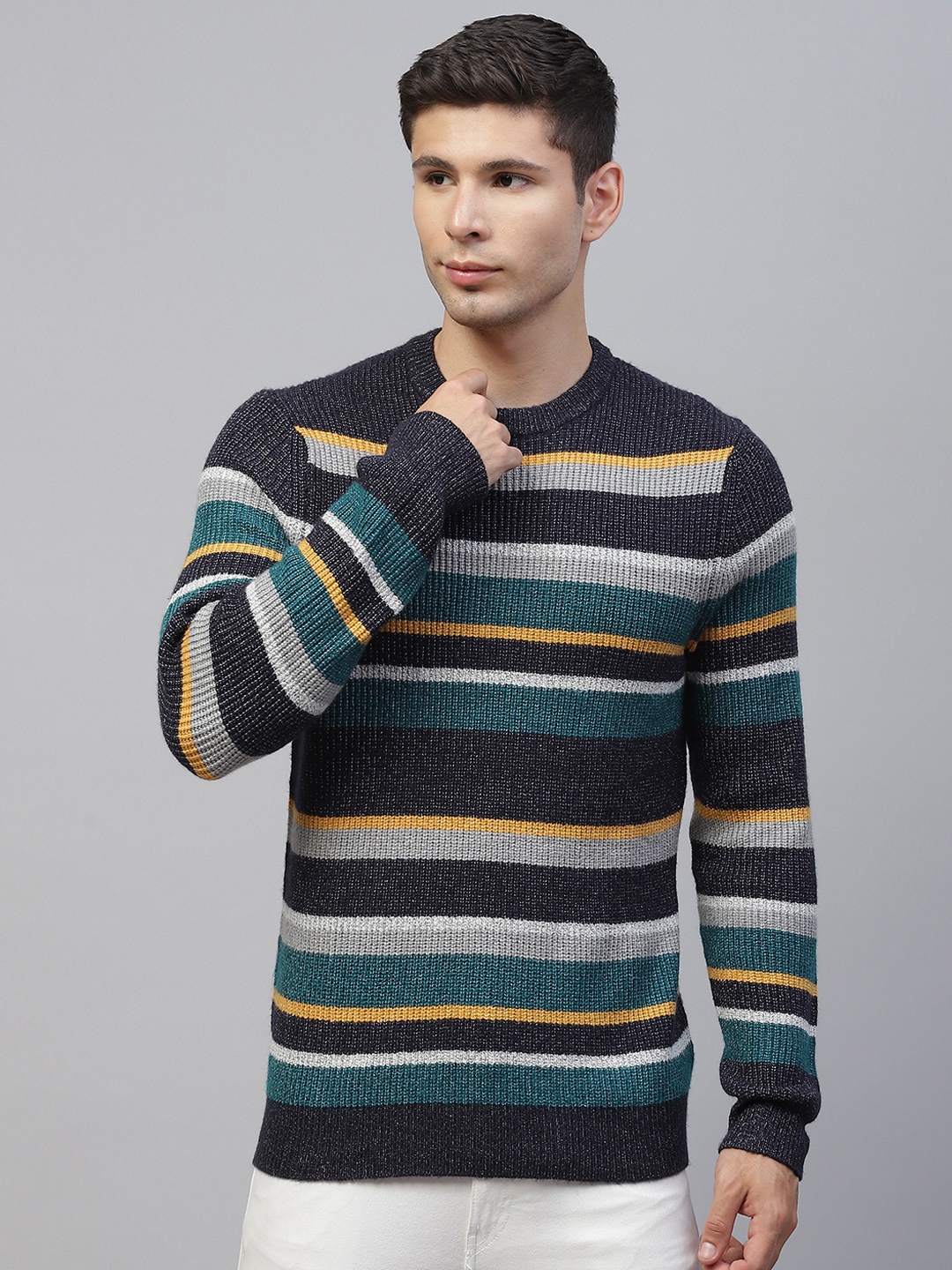 

Marks & Spencer Men Navy Blue & Grey Striped Pullover