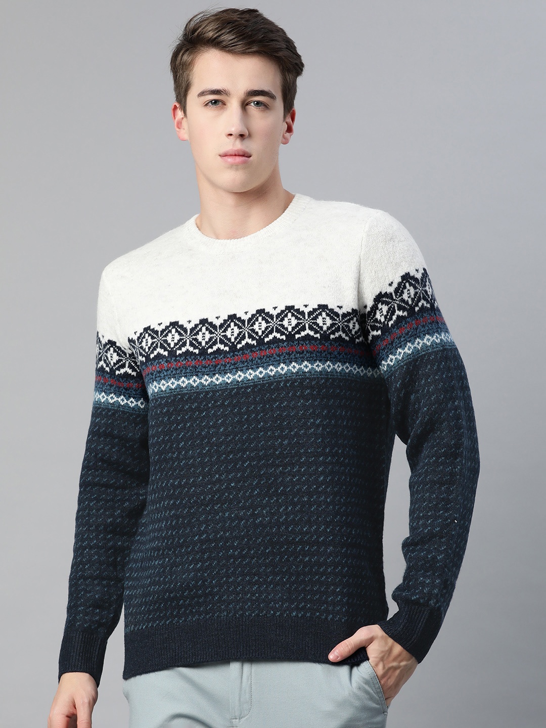 

Marks & Spencer Men Navy Blue & White Fair Isle Pullover