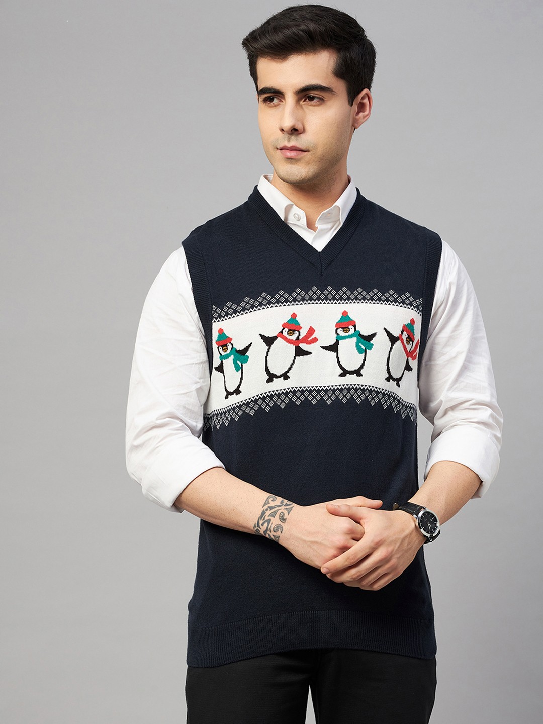 

Marks & Spencer Men Navy Blue & White Quirky Self Design Acrylic Pullover