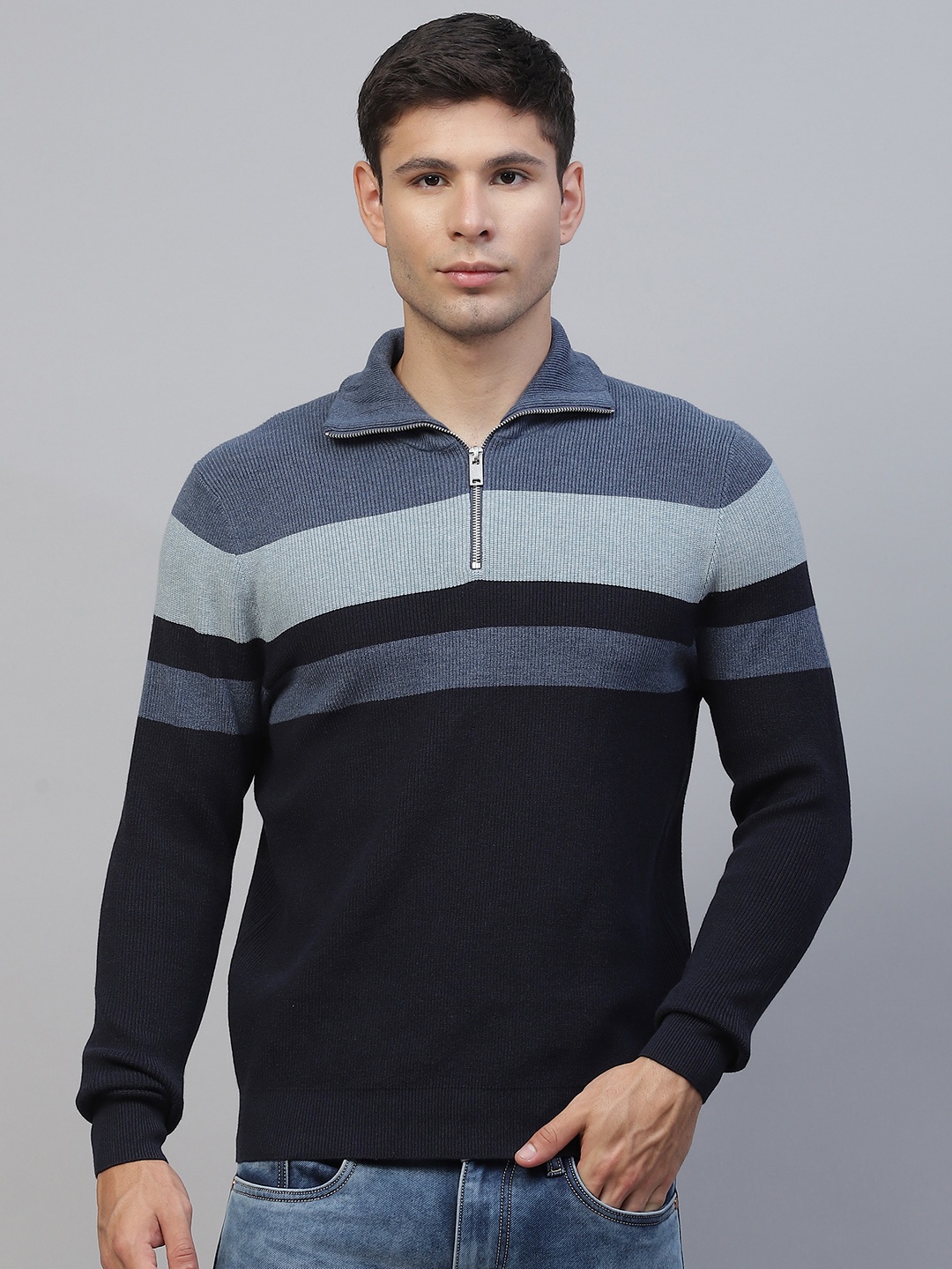 

Marks & Spencer Men Blue Striped Pullover