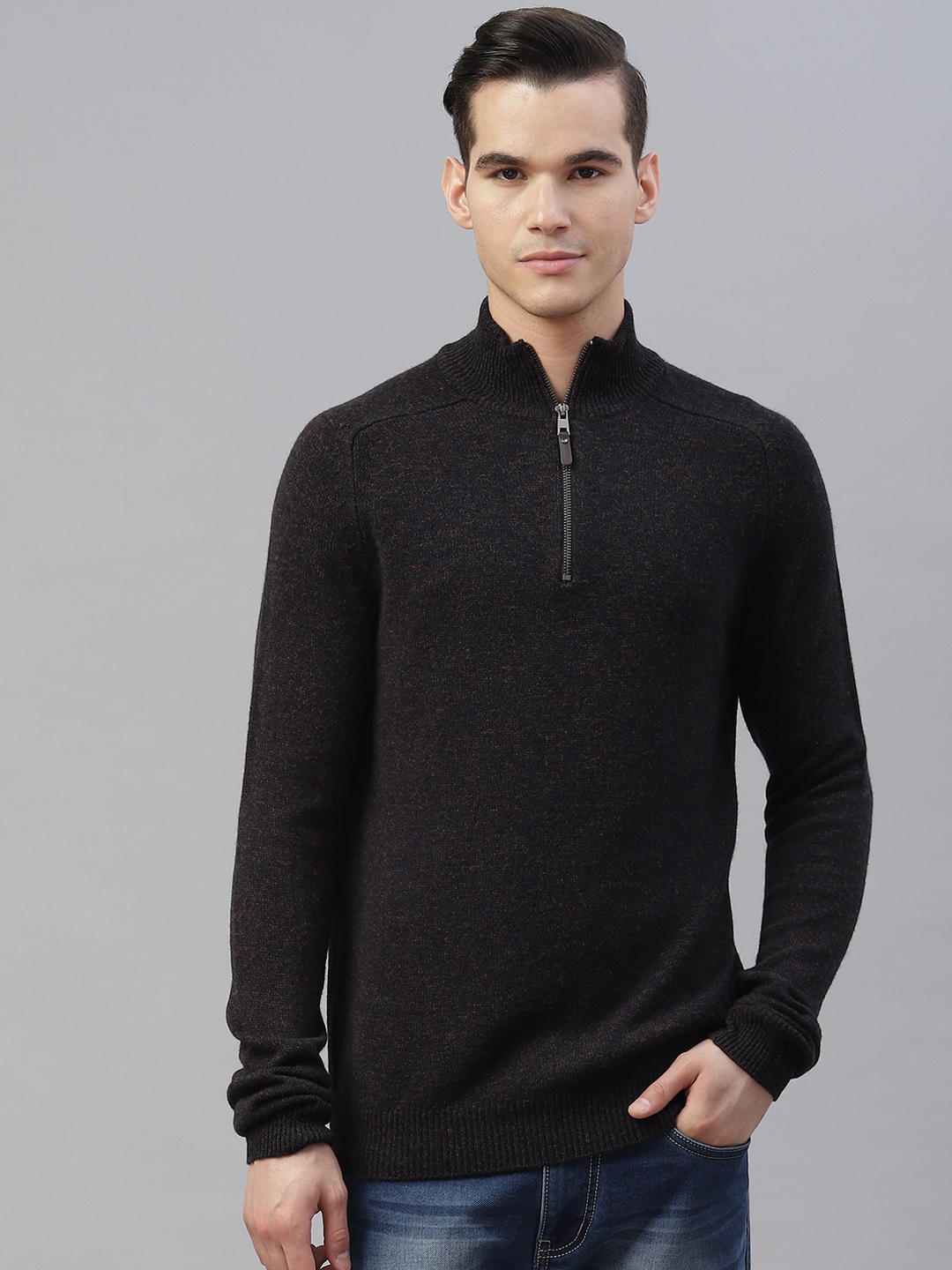 Marks & Spencer Men Pure Wool Self Design Pullover, Brown