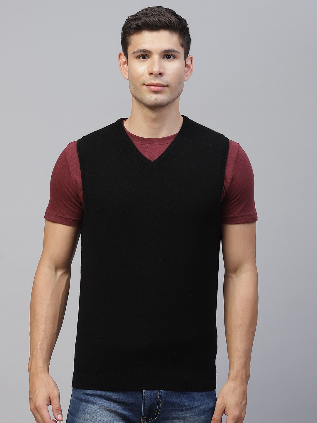 

Marks & Spencer Men Black Solid Wool Sweater Vest