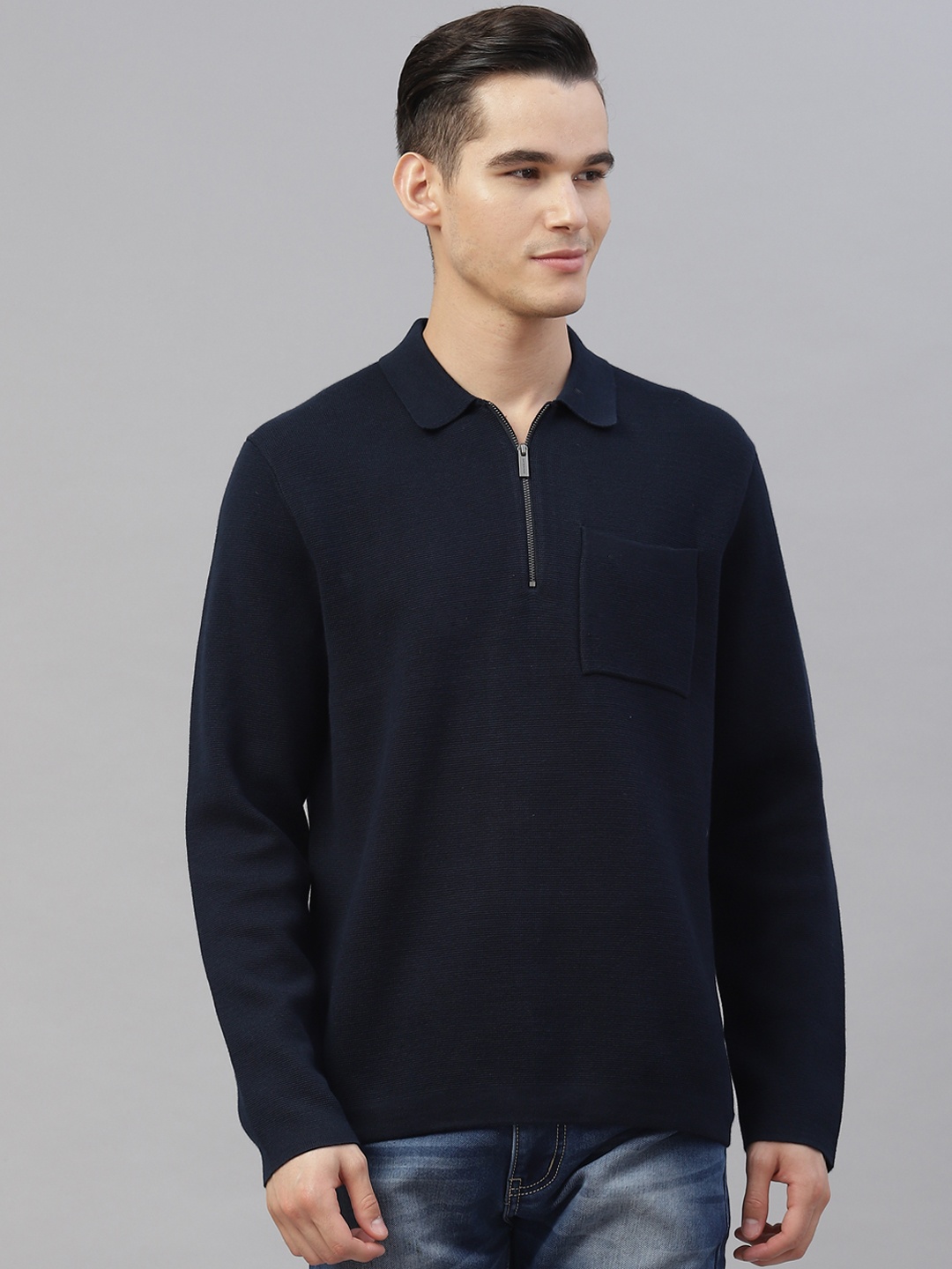 

Marks & Spencer Autograph Men Navy Blue Pure Cotton Self Design Pullover