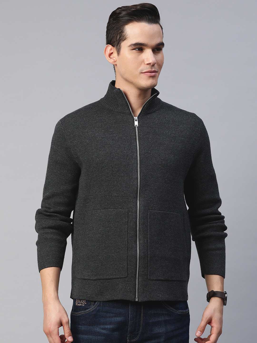 

Marks & Spencer Mock Collar Front-Open Knitted Sweater, Charcoal