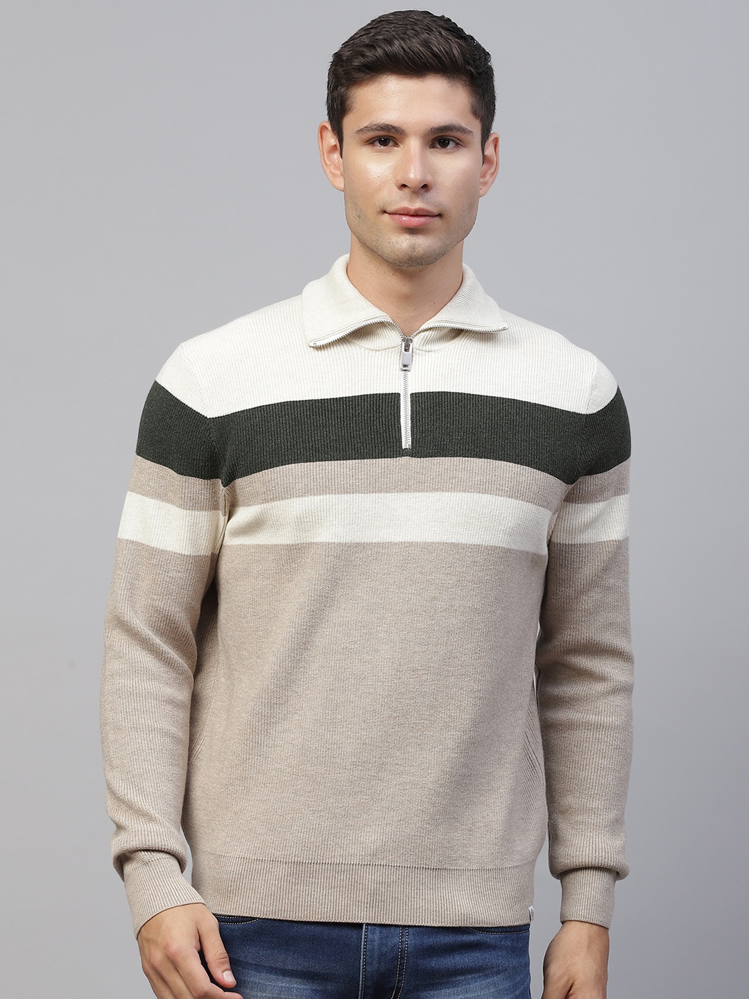 

Marks & Spencer Men Taupe & White Striped Pullover