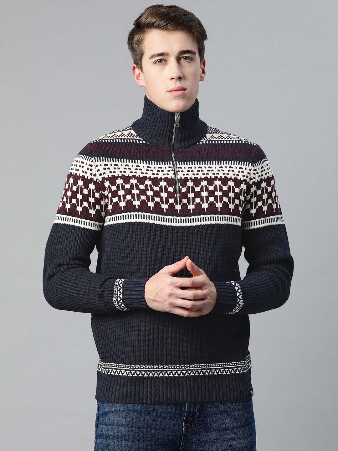 

Marks & Spencer Men Navy Blue & Off White Fair Isle Pullover