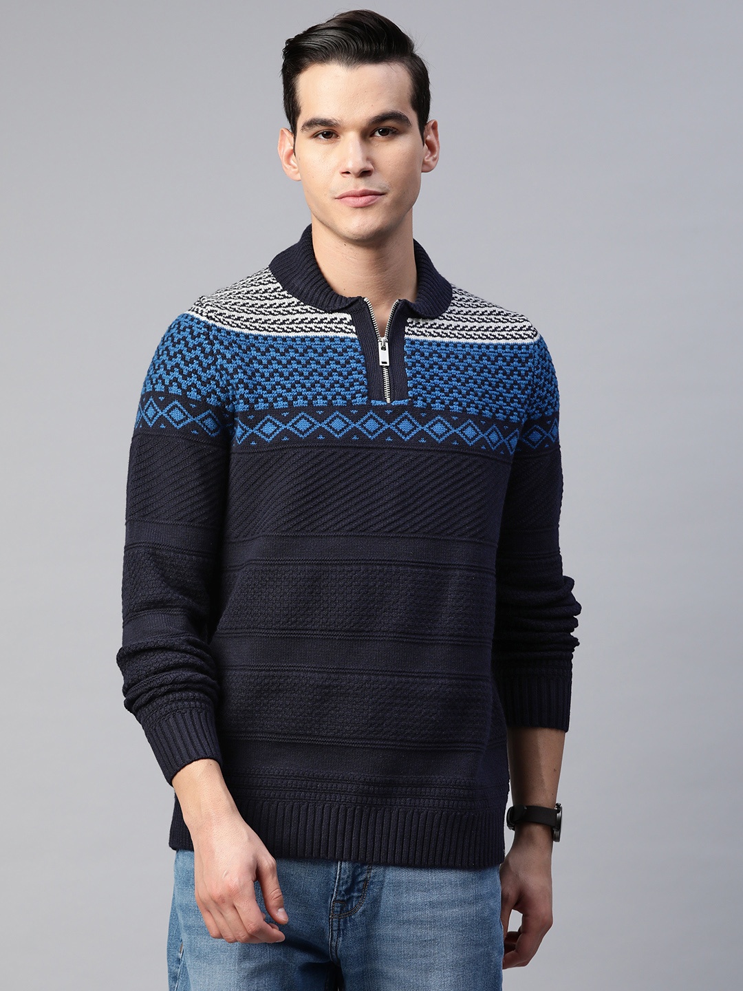 

Marks & Spencer Self Design Fair Isle Half Zipper Pullover, Navy blue