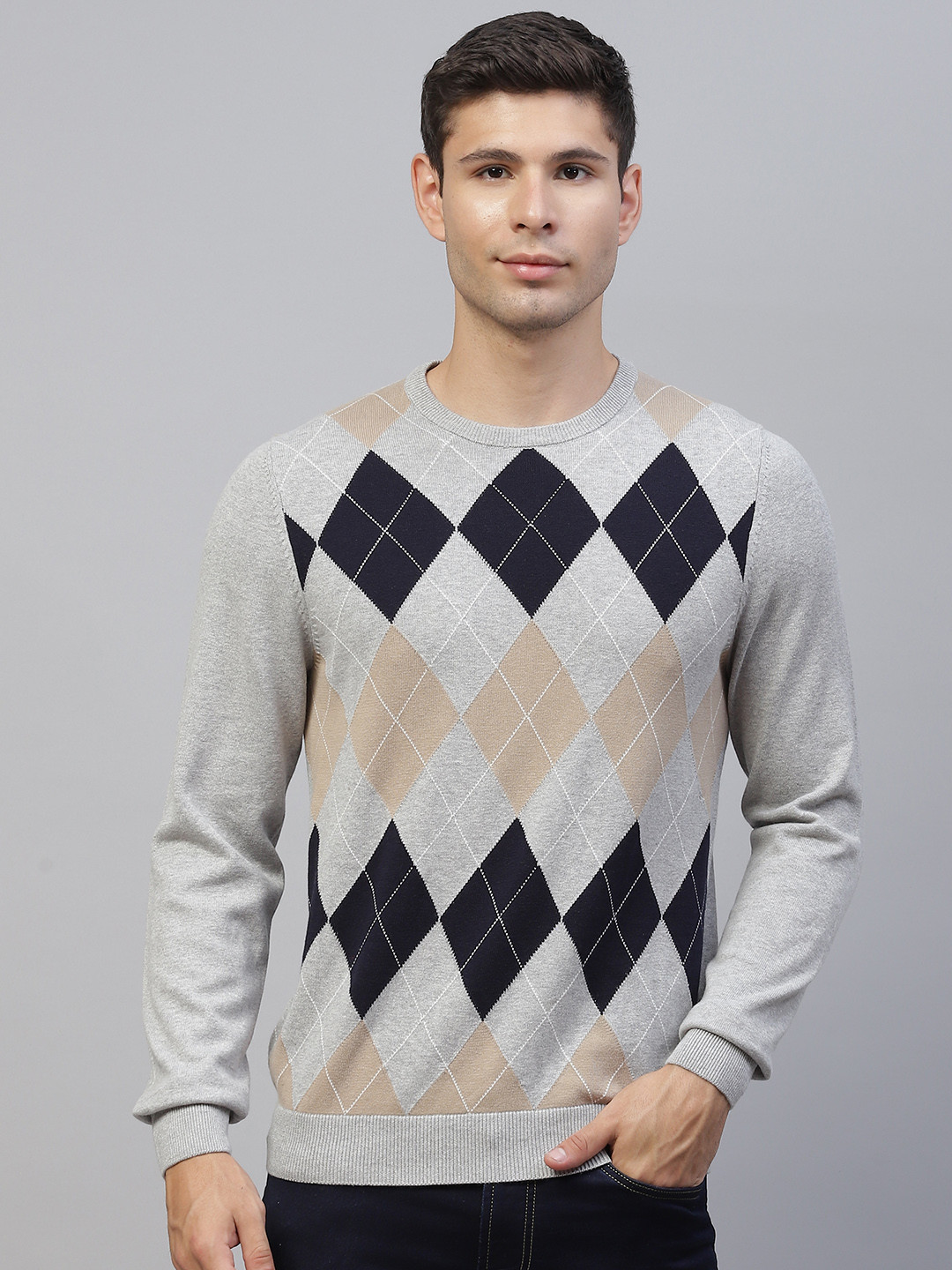

Marks & Spencer Men Grey & Navy Blue Argyle Pullover