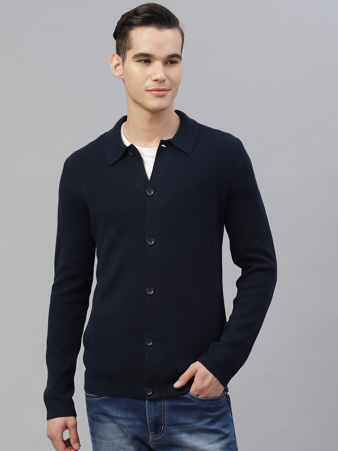 

Marks & Spencer Autograph Men Navy Blue Pure Cotton Self Design Cardigan