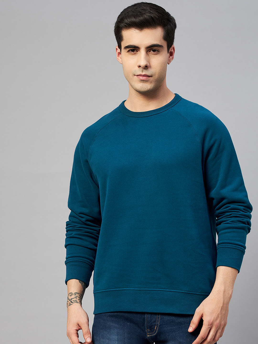 

Marks & Spencer Men Teal Blue Solid Cotton Sweatshirt