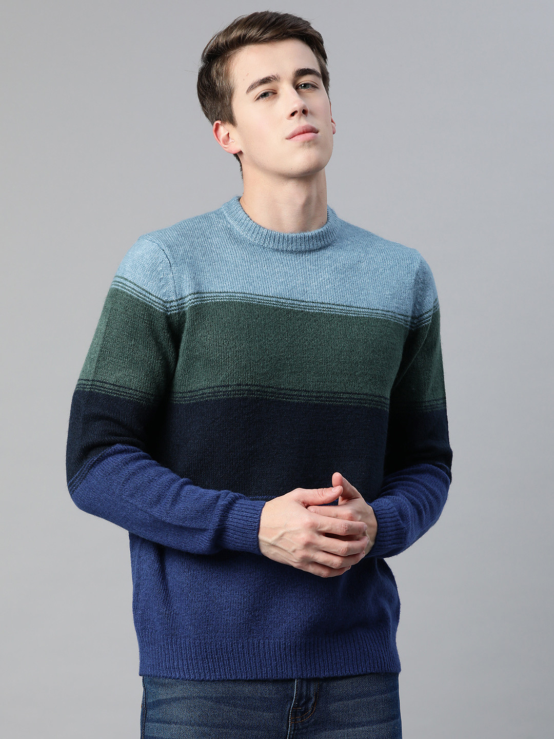 

Marks & Spencer Striped Round Neck Knitted Pullover, Blue