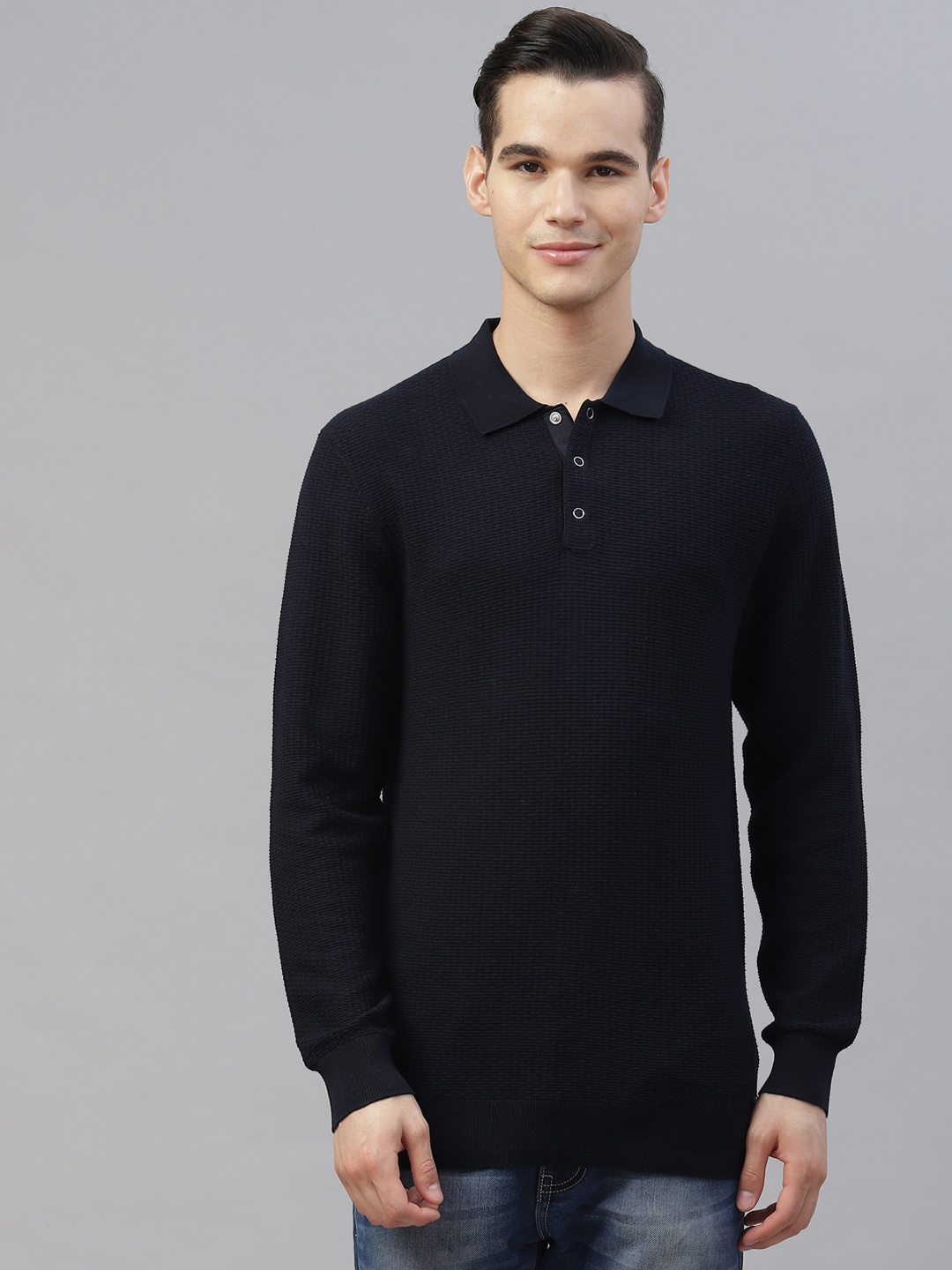 

Marks & Spencer Autograph Men Navy Blue Geometric Self Design Pullover