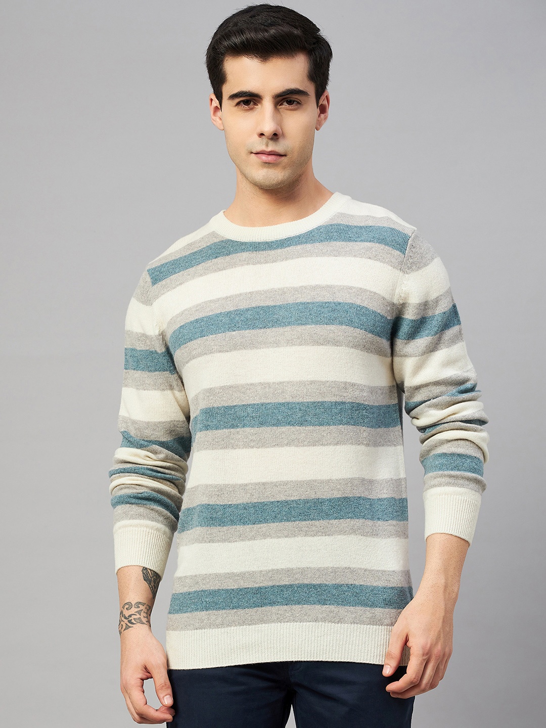 

Marks & Spencer Men Blue & Off White Pure Wool Striped Pullover