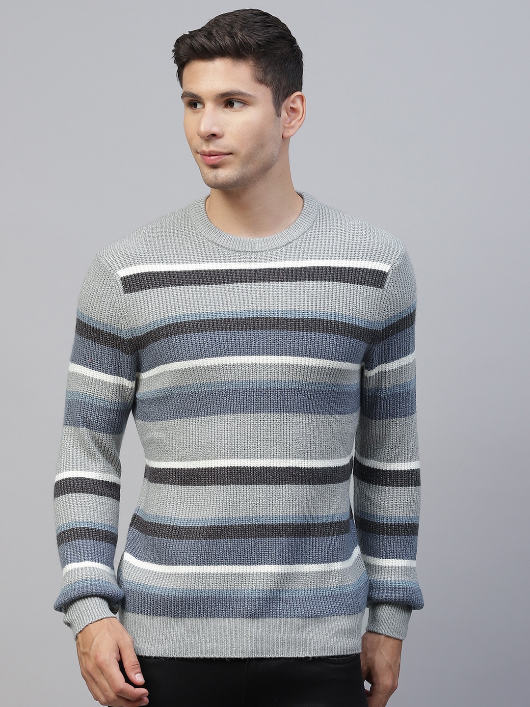 

Marks & Spencer Men Grey & Blue Striped Pullover