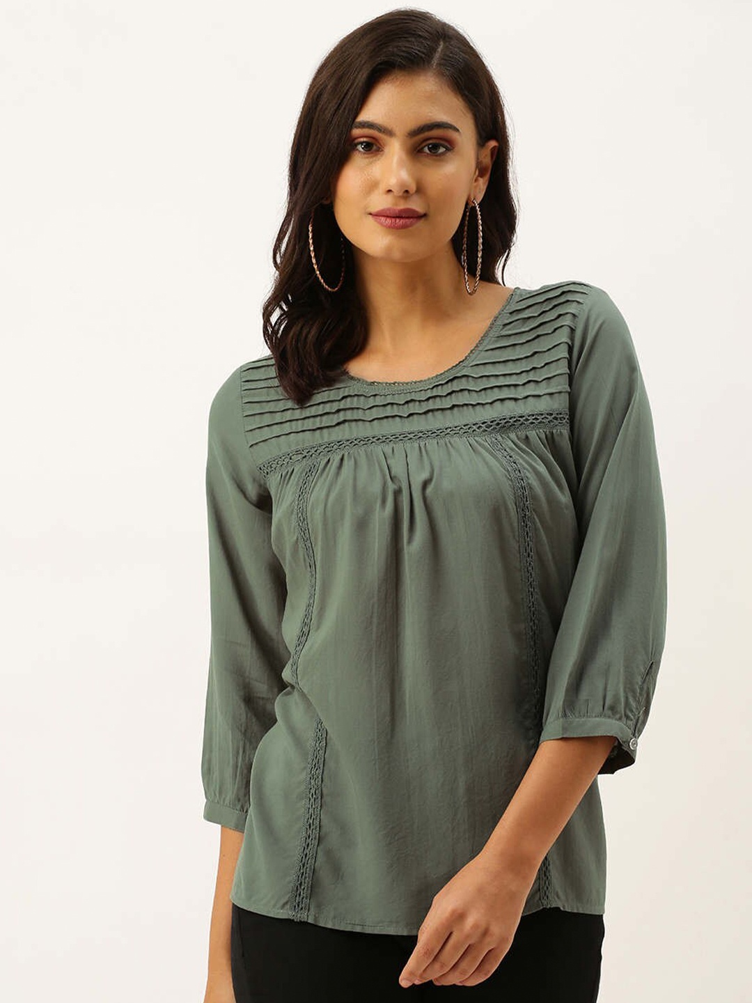 

ZOLA Green Solid Pin Tucked Modal Casual Tunic