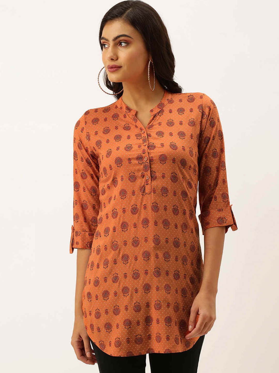 

ZOLA Rust Modal Mandarin Collar Printed Tunic