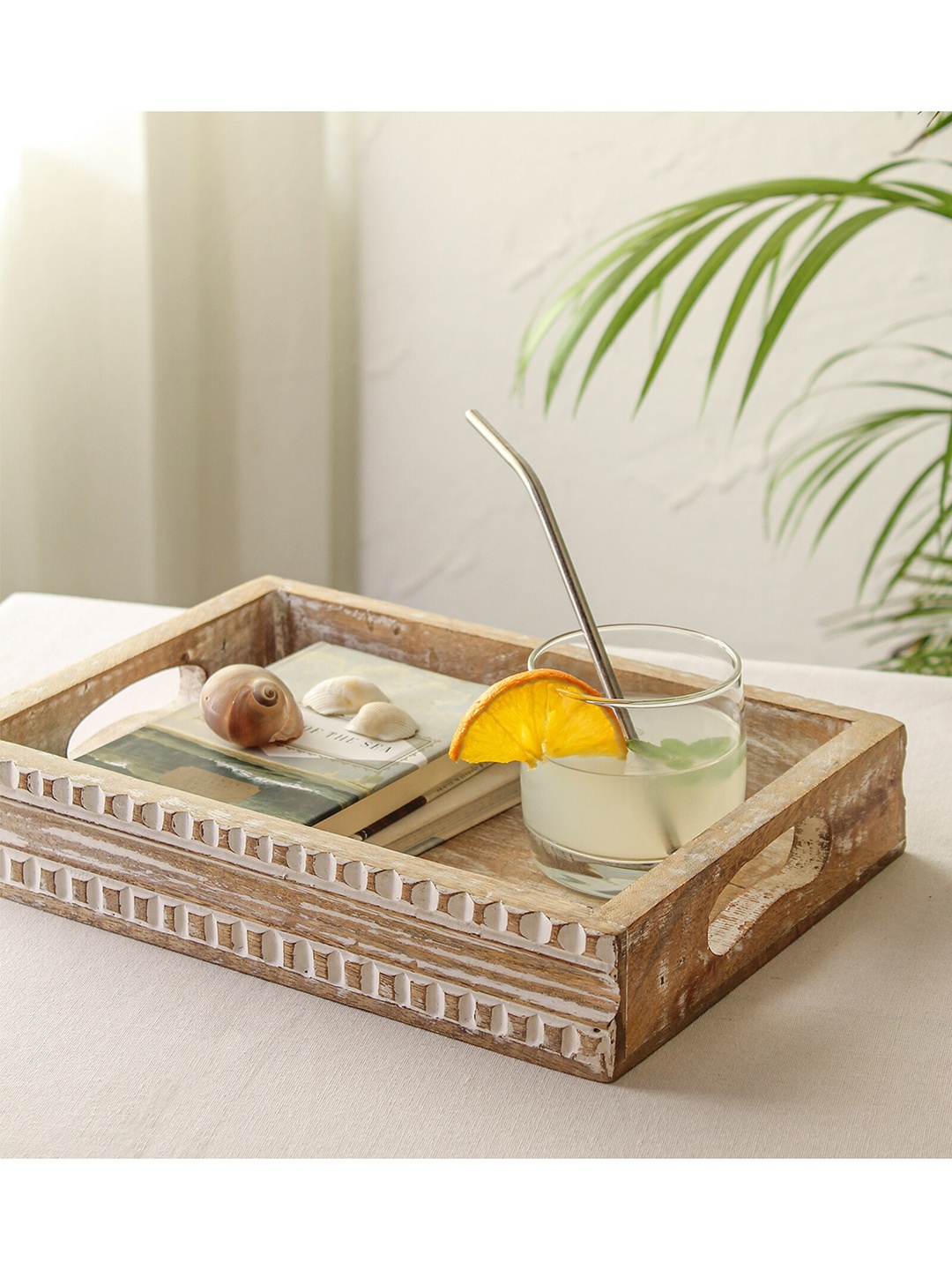 

House This White & Beige Textured Wooden Serving Trays