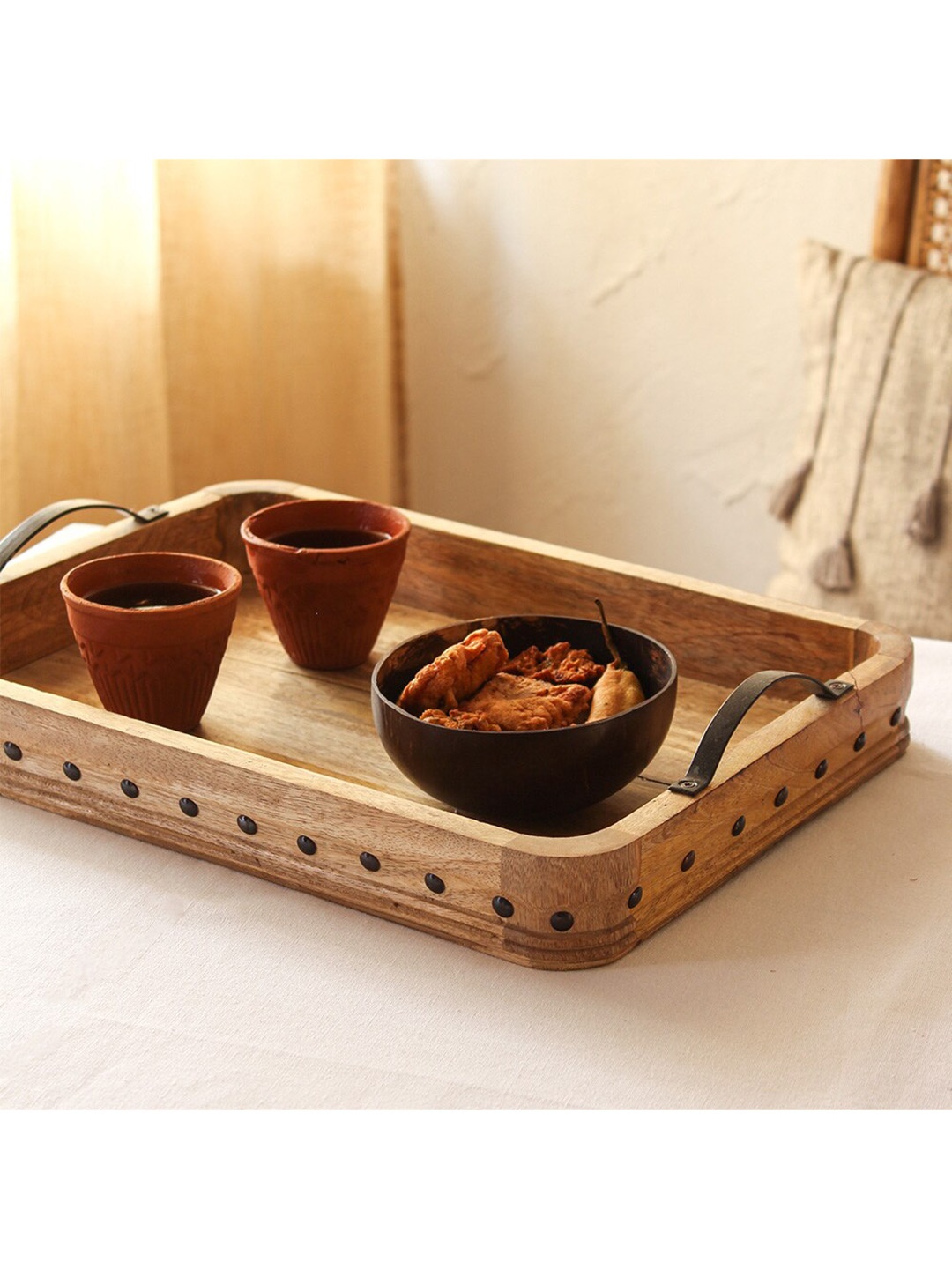 House This Brown Solid Wooden Serving Tray, Multi