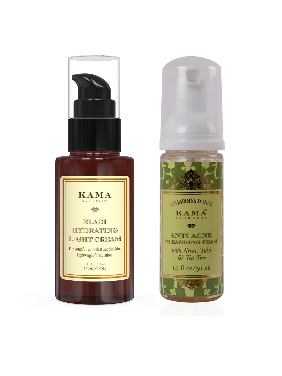 

KAMA AYURVEDA Set of Anti-Acne Cleansing Foam 50 ml & Eladi Hydrating Light Cream 12 ml, Yellow