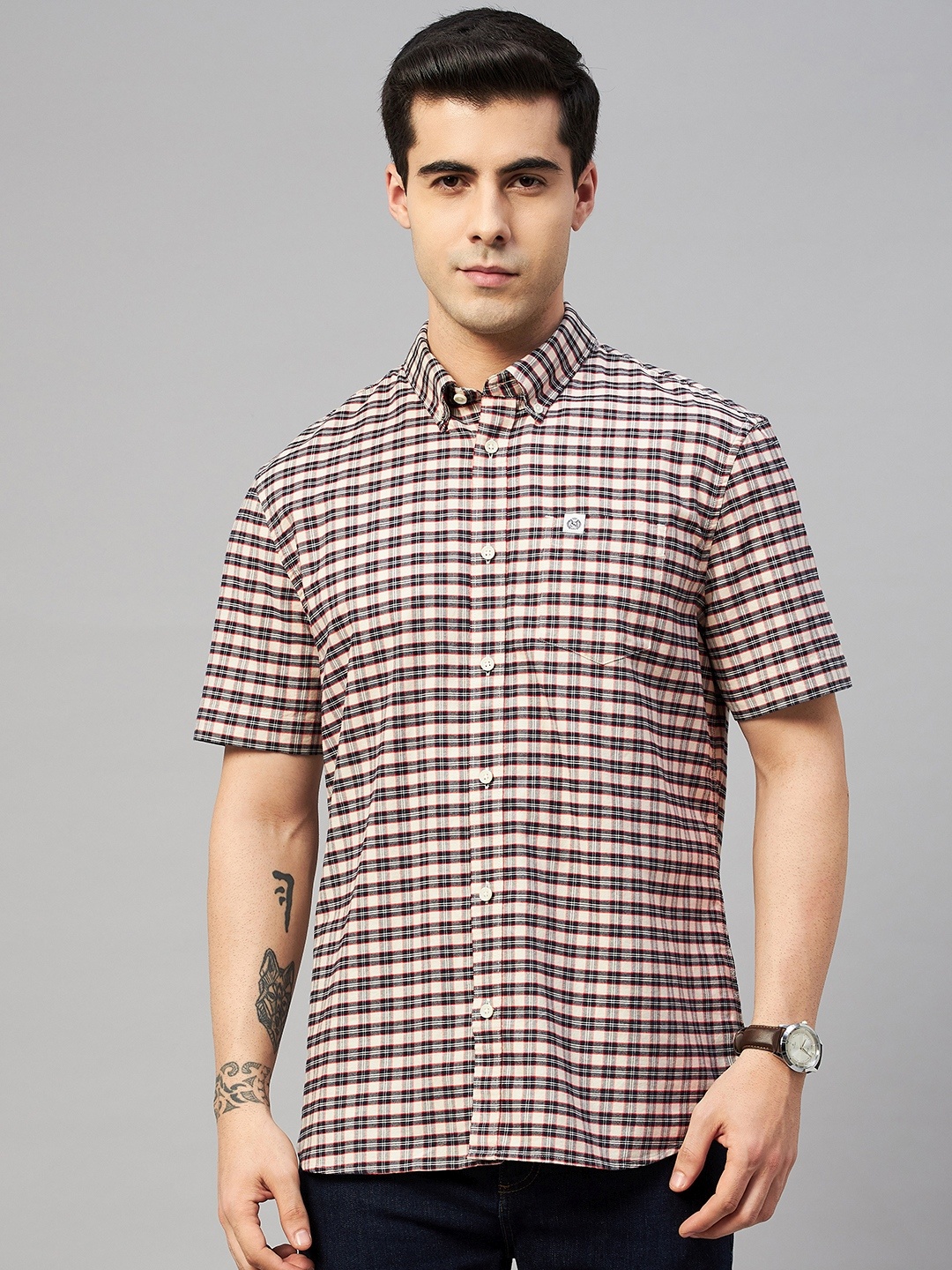 

Marks & Spencer Men Beige Tartan Checks Pure Cotton Casual Shirt