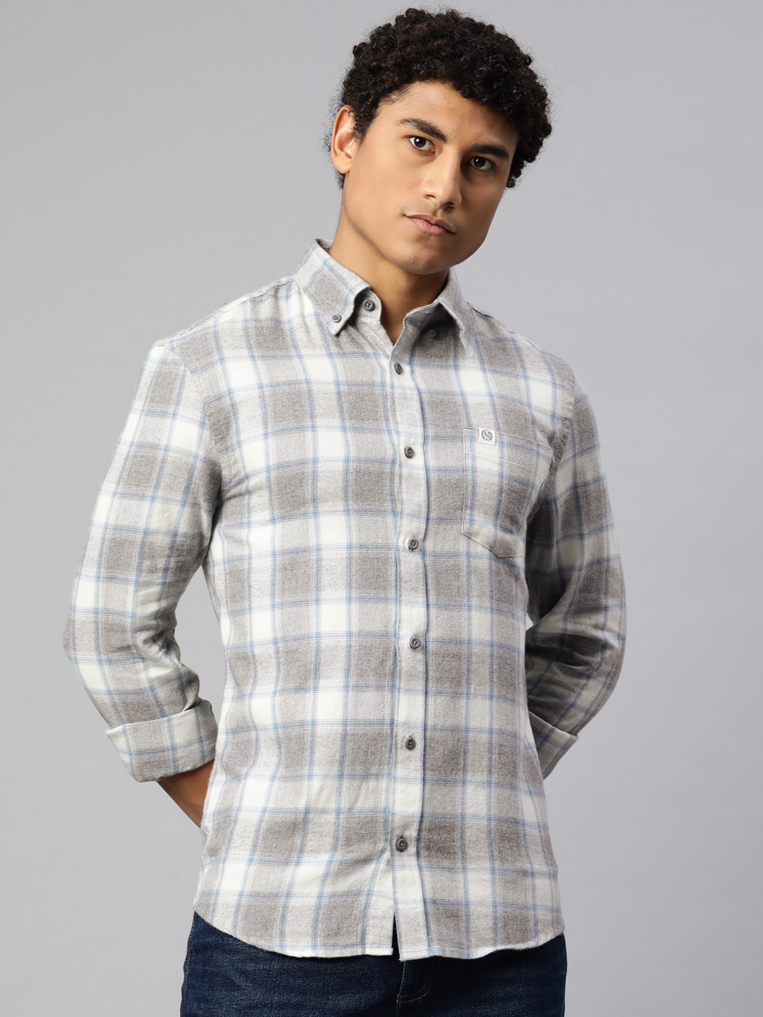 

Marks & Spencer Men Grey & White Pure Cotton Tartan Checked Casual Shirt