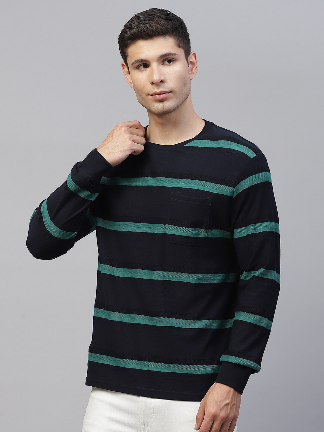 

Marks & Spencer Men Navy Blue & Green Pure Cotton Striped T-shirt