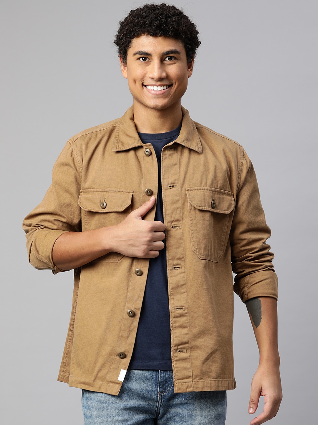 

Marks & Spencer Men Khaki Solid Pure Cotton Shacket