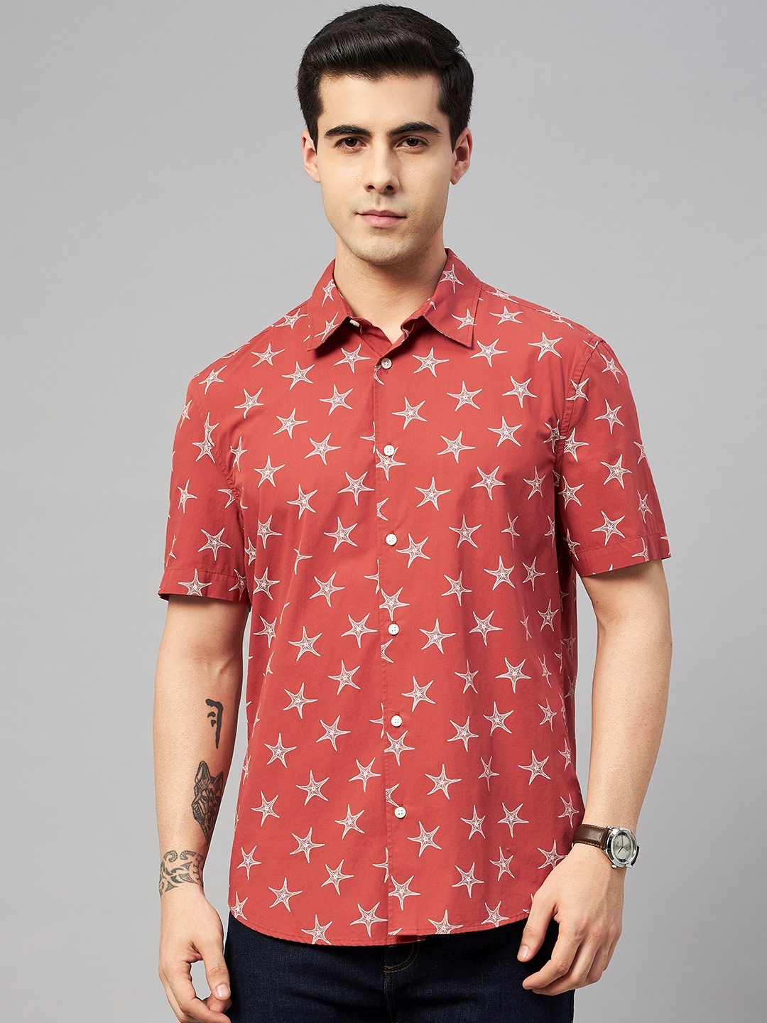 

Marks & Spencer Men Orange Printed Pure Cotton Tropical Casual Shirt