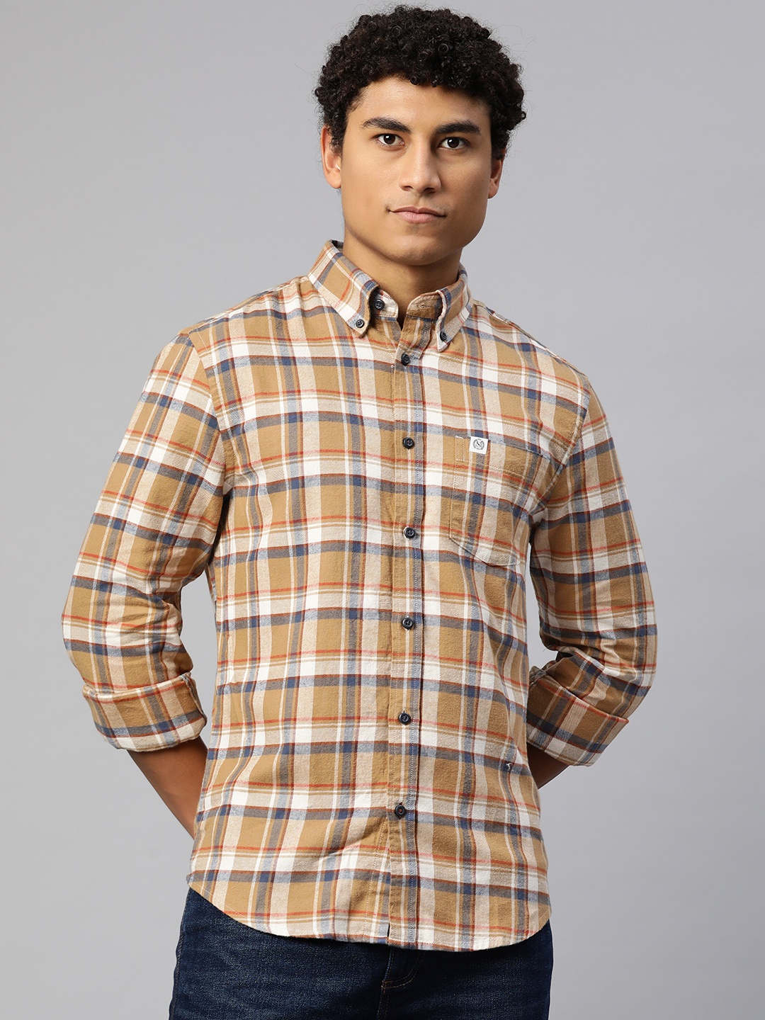 

Marks & Spencer Men Mustard Brown & Blue Checked Pure Cotton Casual Shirt