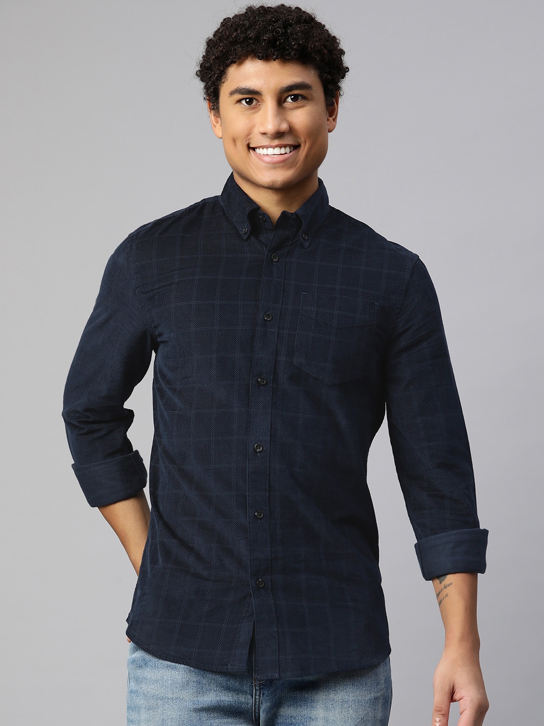 

Marks & Spencer Men Navy Blue Pure Cotton Tartan Checked Casual Shirt