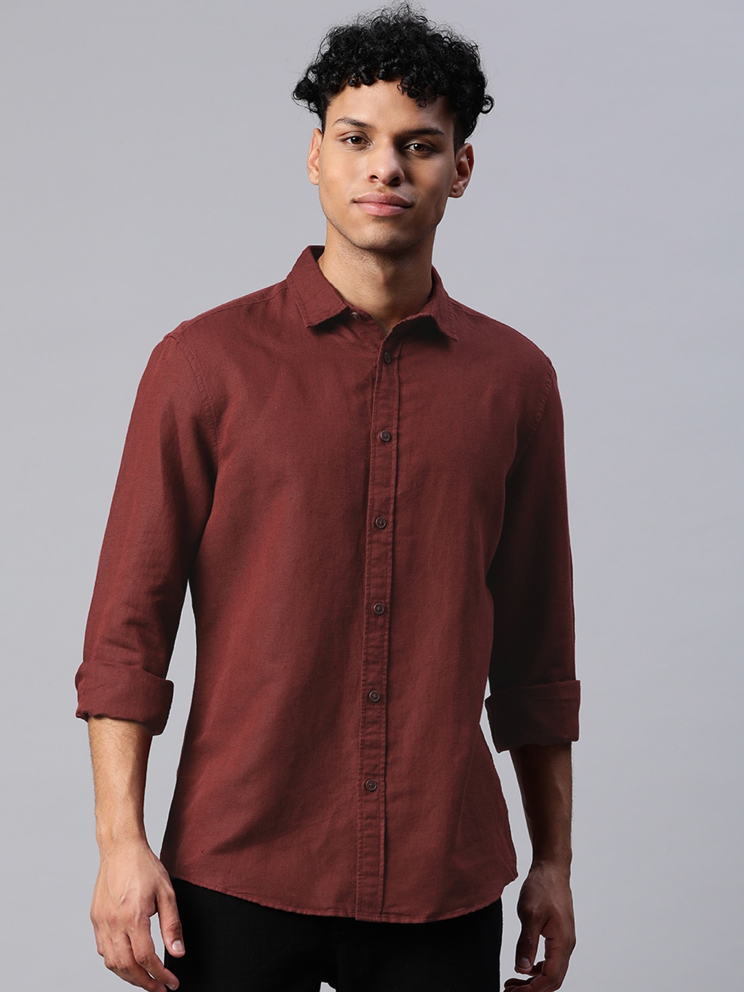 

Marks & Spencer Maroon Solid Linen Cotton Relaxed Fit Casual Shirt