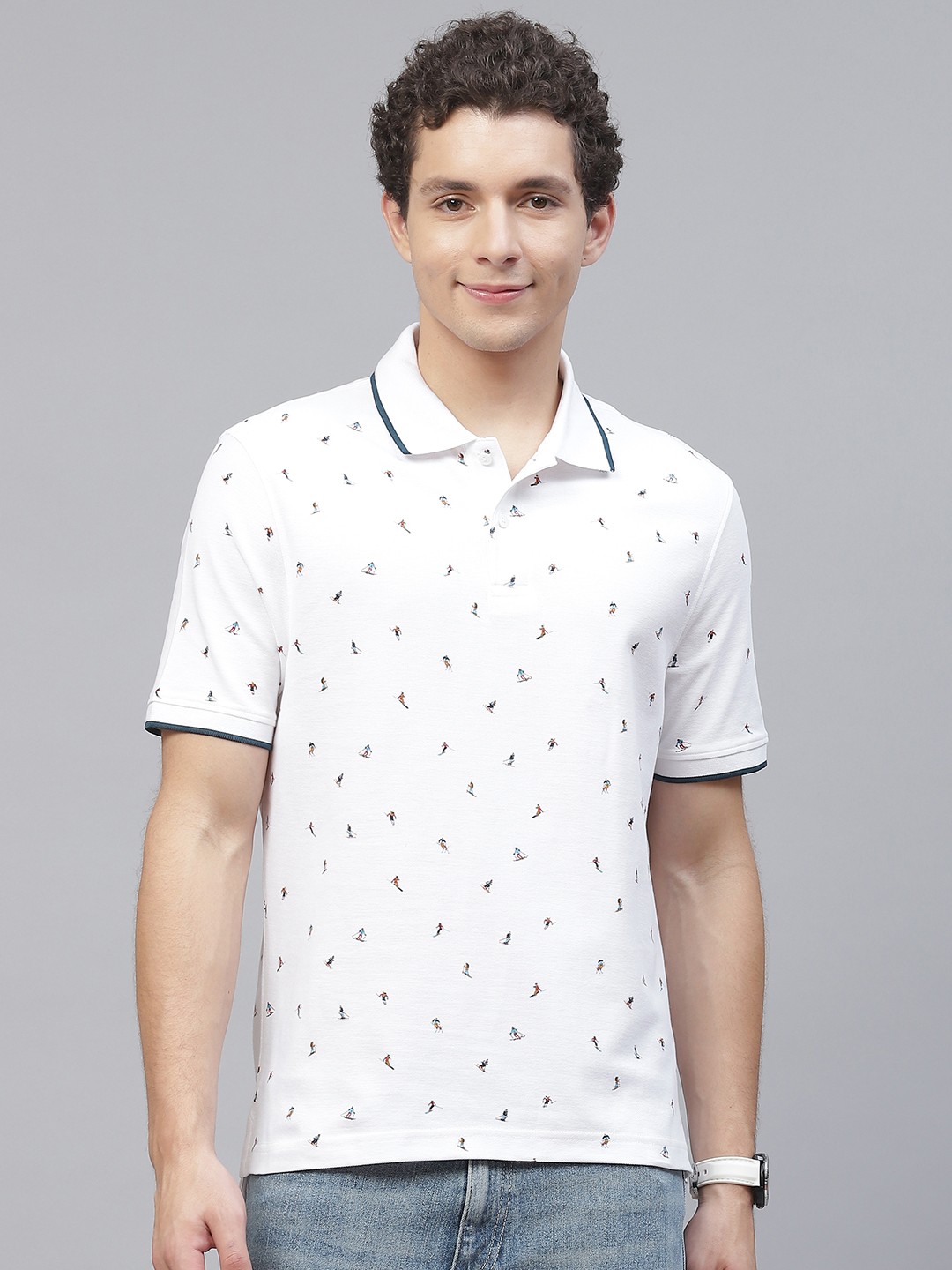

Marks & Spencer Men White & Blue Printed Polo Collar Pure Cotton T-shirt