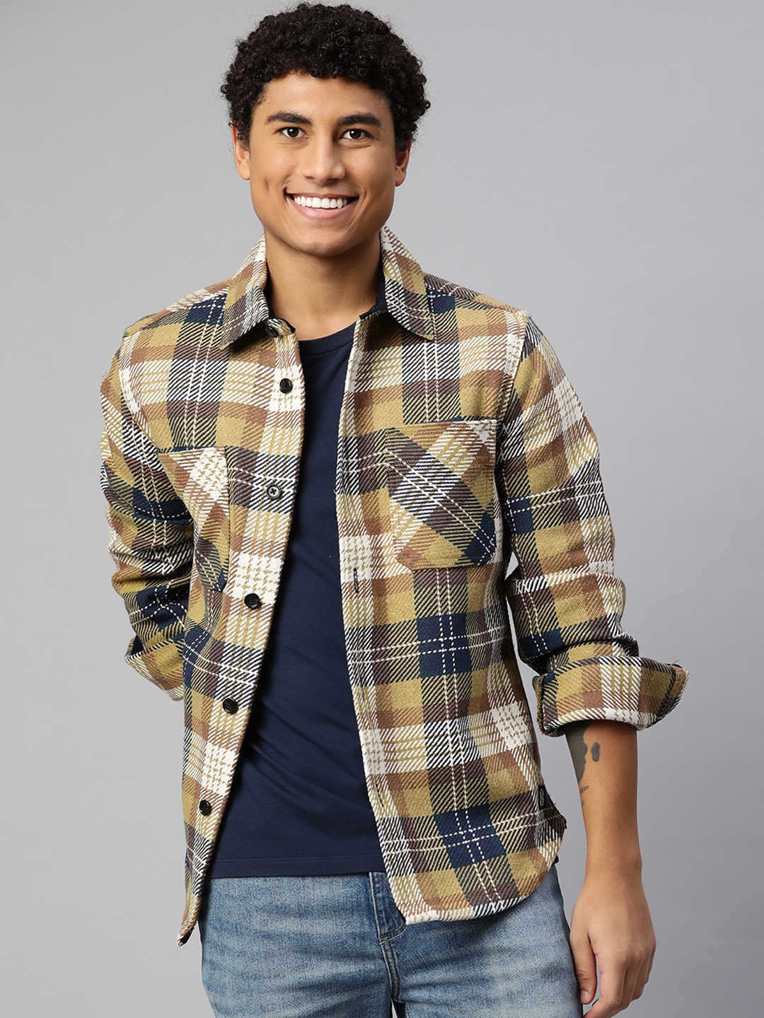 

Marks & Spencer Men Khaki & White Woven Design Checked Pure Cotton Shacket