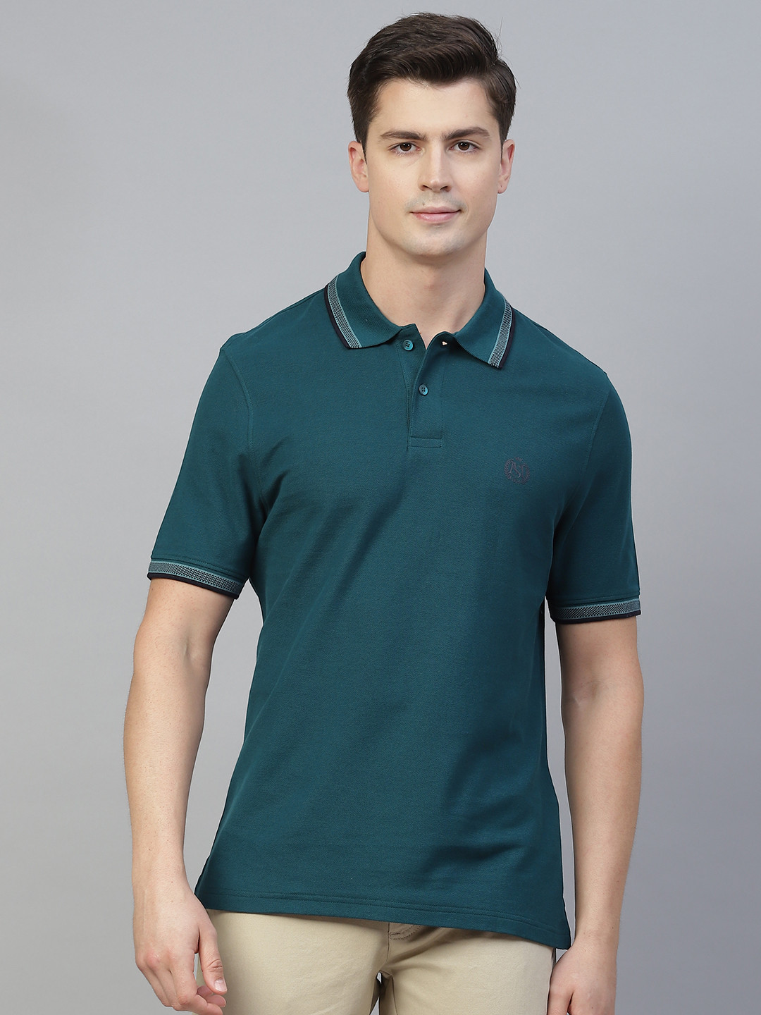 

Marks & Spencer Men Teal Green Polo Collar Pure Cotton T-shirt