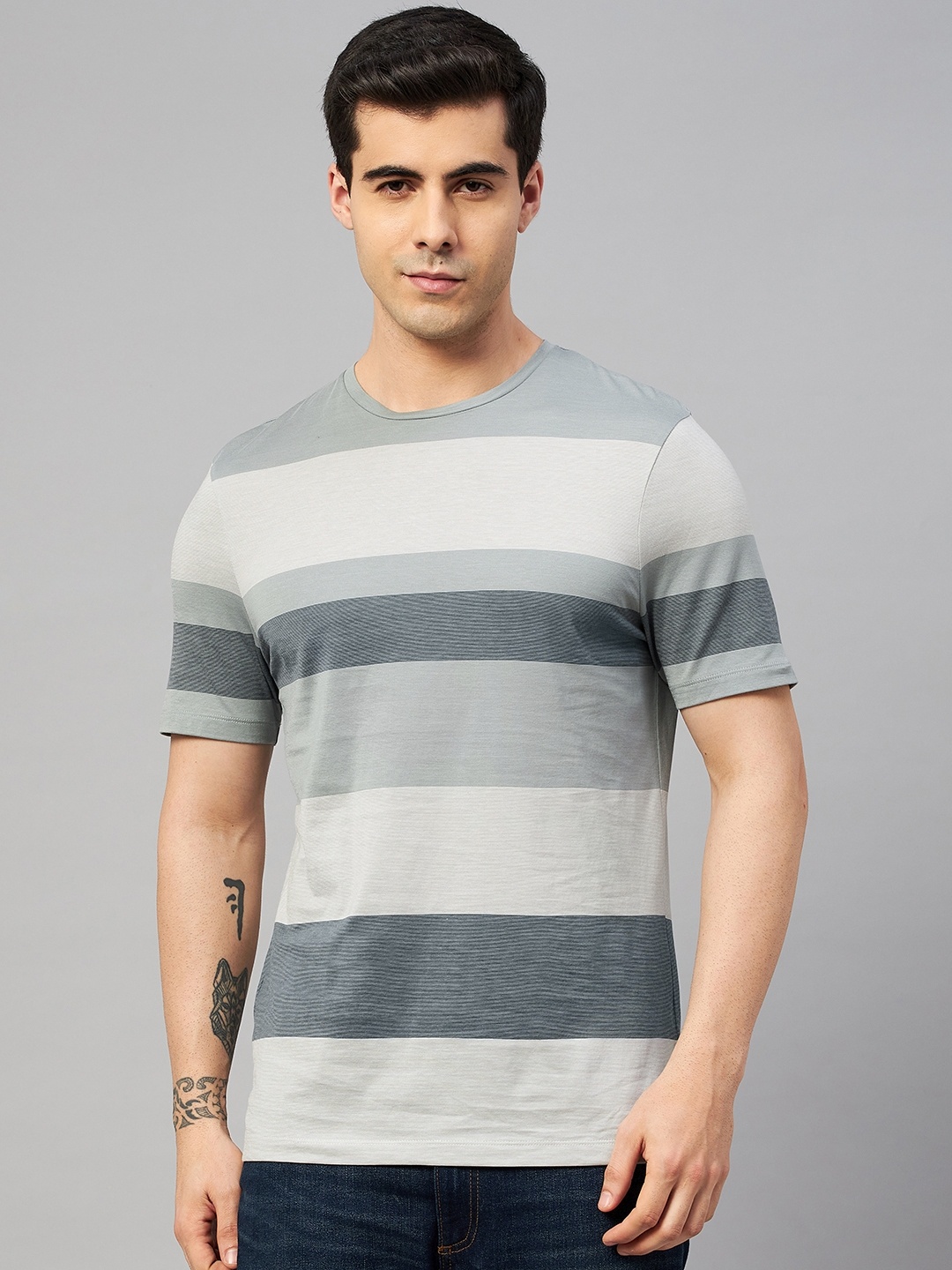 

Marks & Spencer Men Sage Green Striped Pure Cotton T-shirt