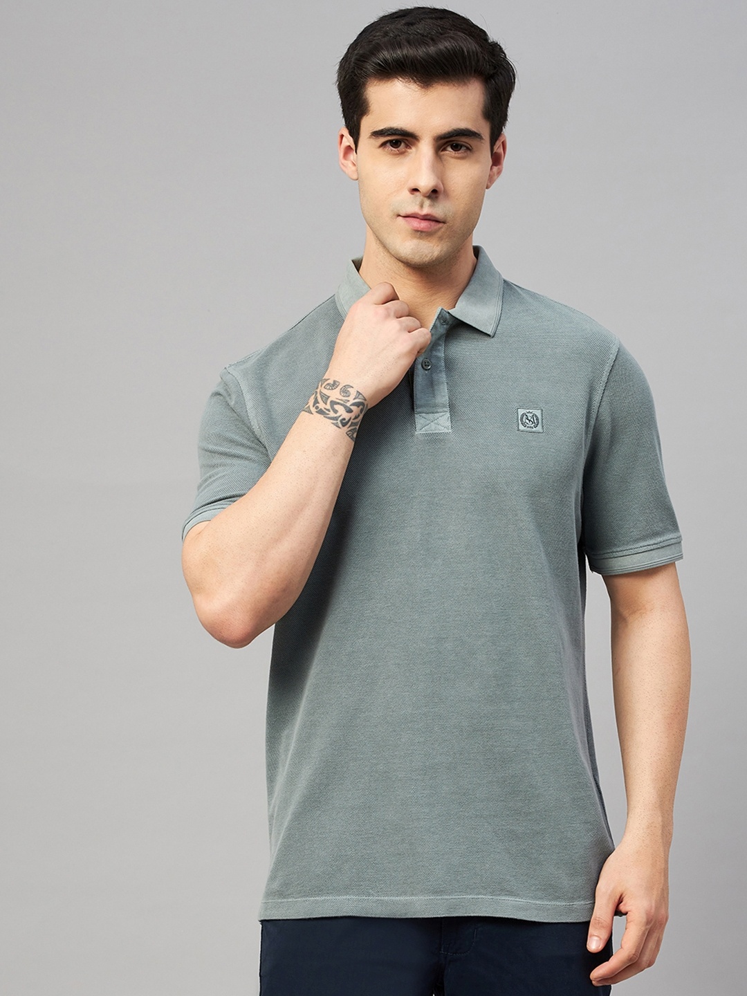 

Marks & Spencer Men Sage Green Solid Dyed Polo Collar Pure Cotton T-shirt