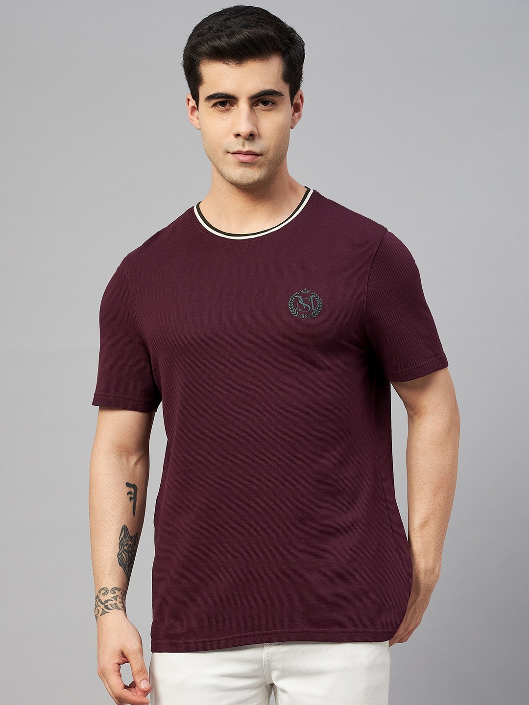 

Marks & Spencer Men Burgundy Brand Logo Printed Pure Cotton T-shirt