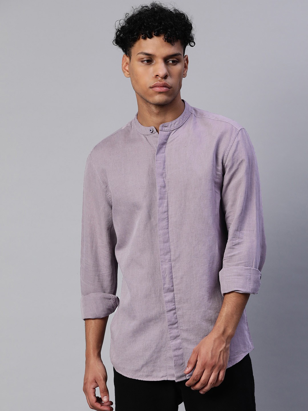 

Marks & Spencer Lavender Solid Linen Cotton Mandarin Collar Relaxed Fit Shirt