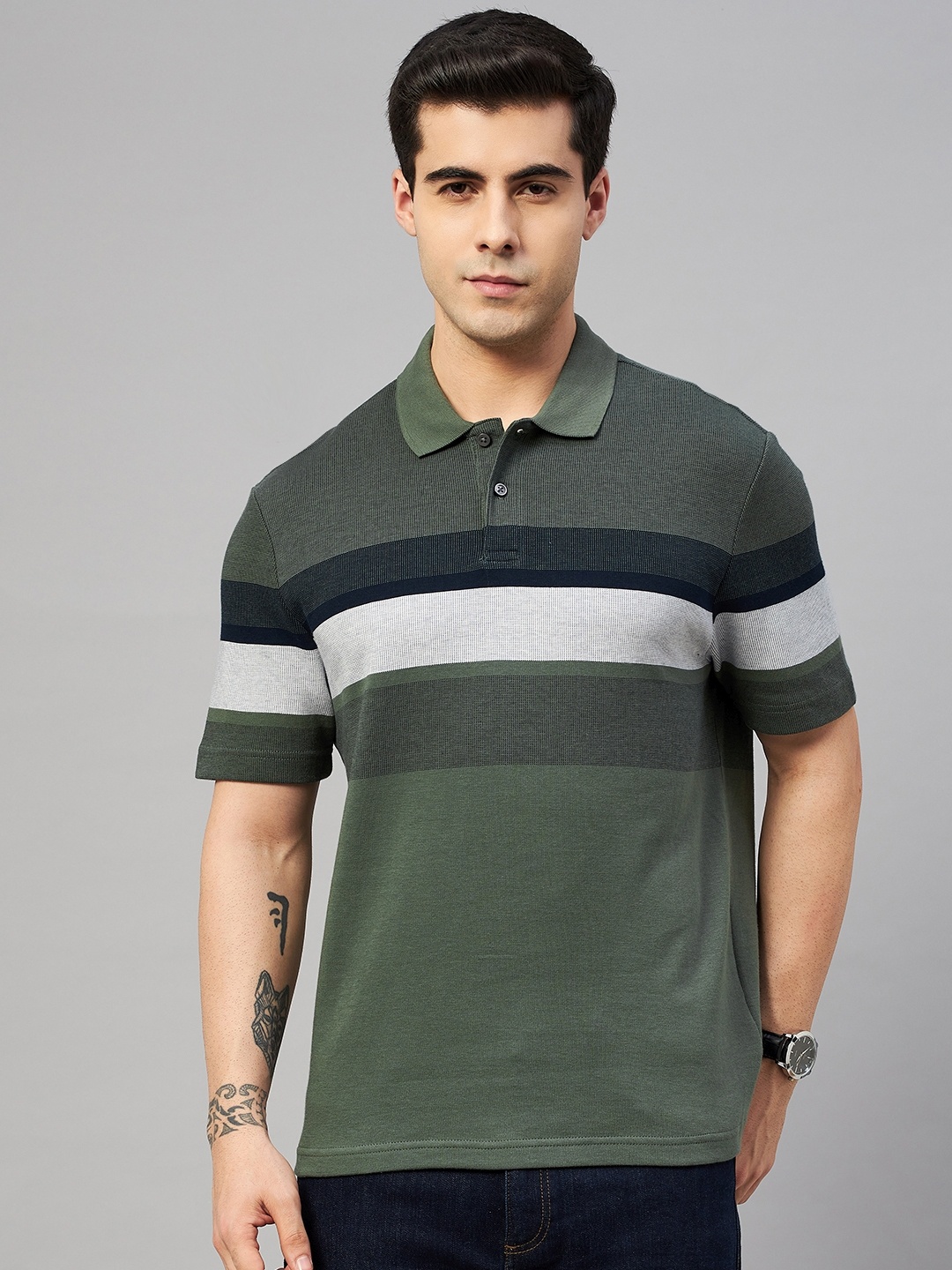 

Marks & Spencer Men Olive Green Striped Polo Collar Pure Cotton T-shirt