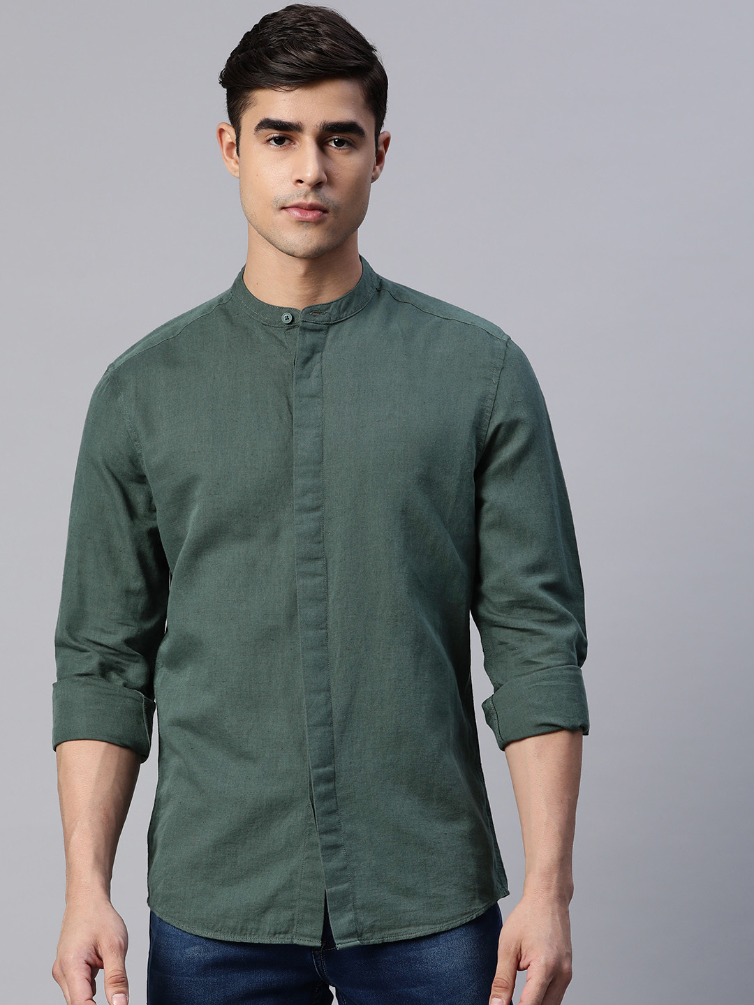 

Marks & Spencer Men Sage Green Solid Linen Cotton Mandarin Collar Relaxed Fit Shirt