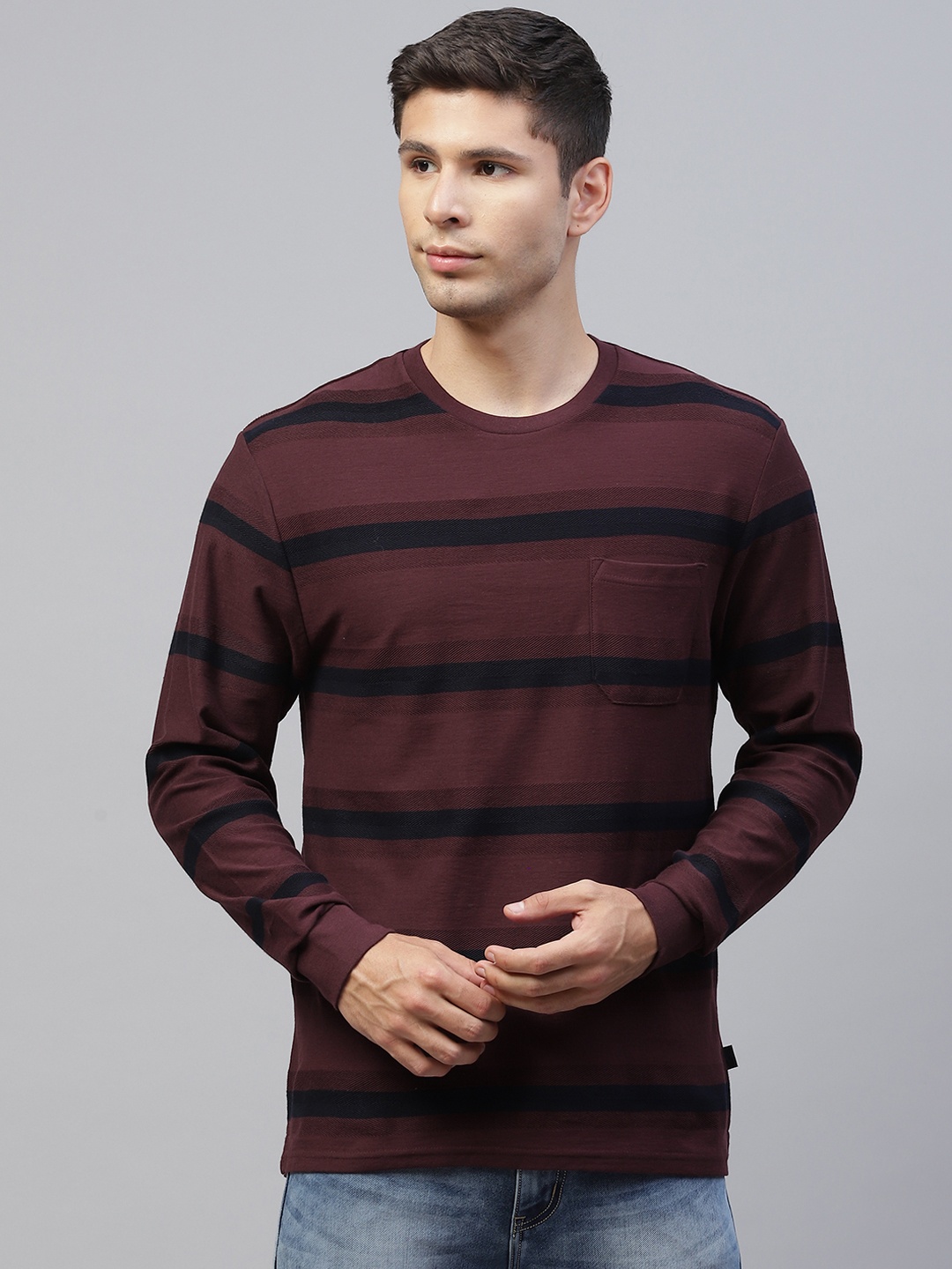 

Marks & Spencer Men Maroon & Black Pure Cotton Striped T-shirt