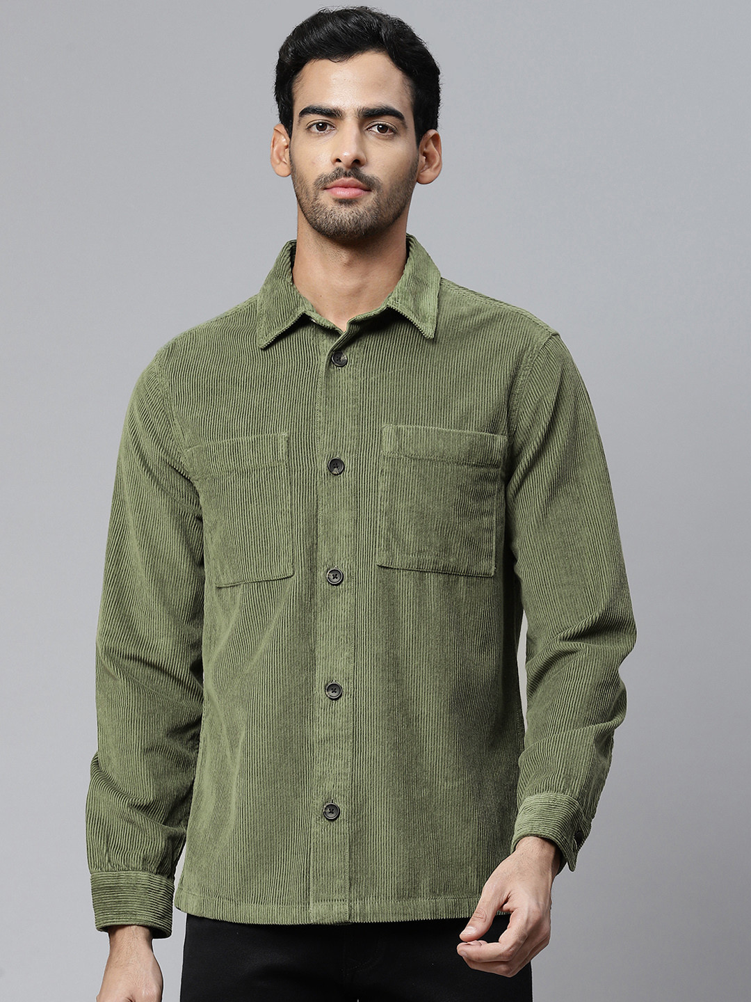 

Marks & Spencer Men Pure Cotton Solid Oversized Corduroy Casual Shirt, Green