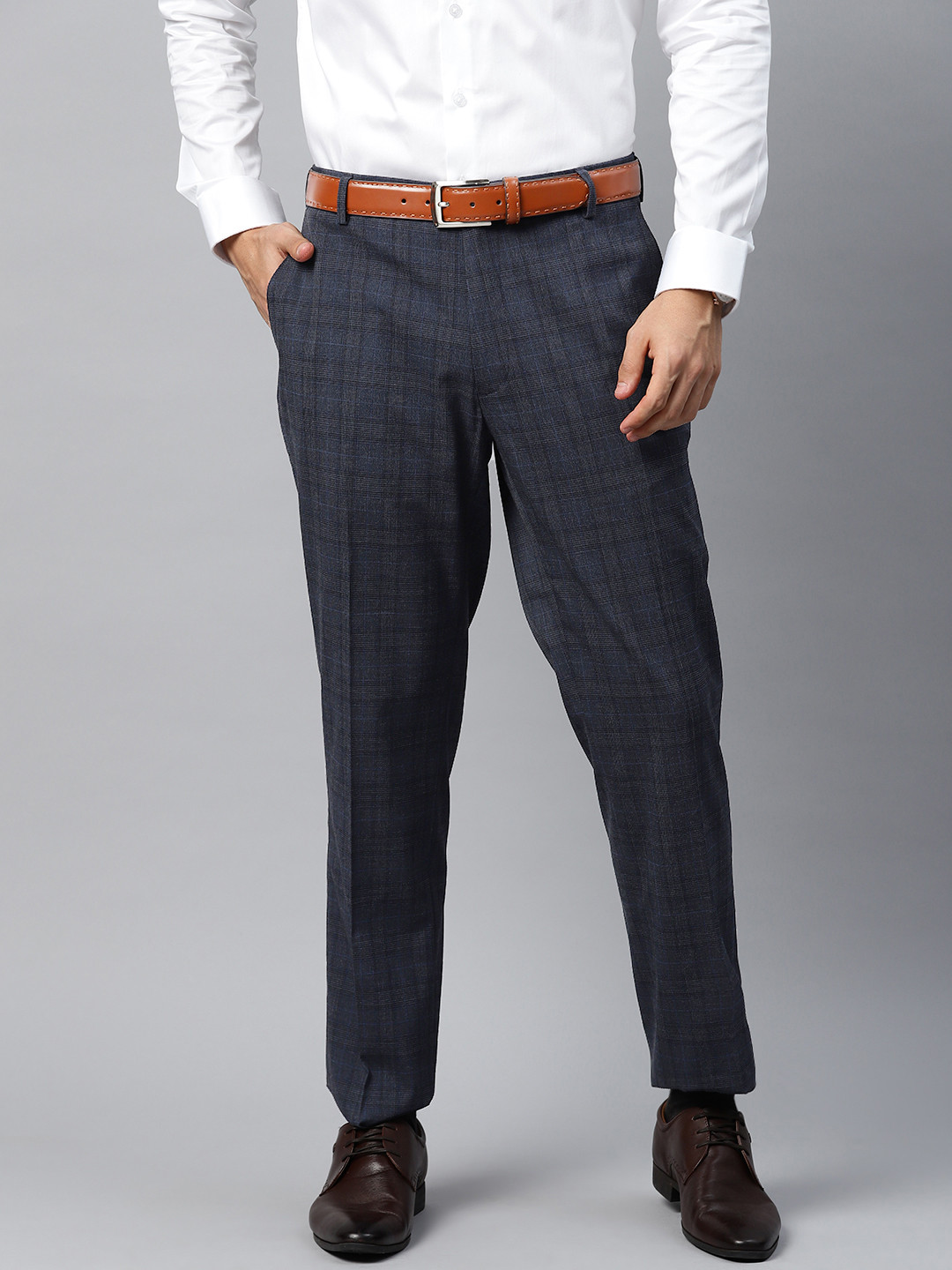 

Marks & Spencer Men Checked Slim Fit Trousers, Navy blue