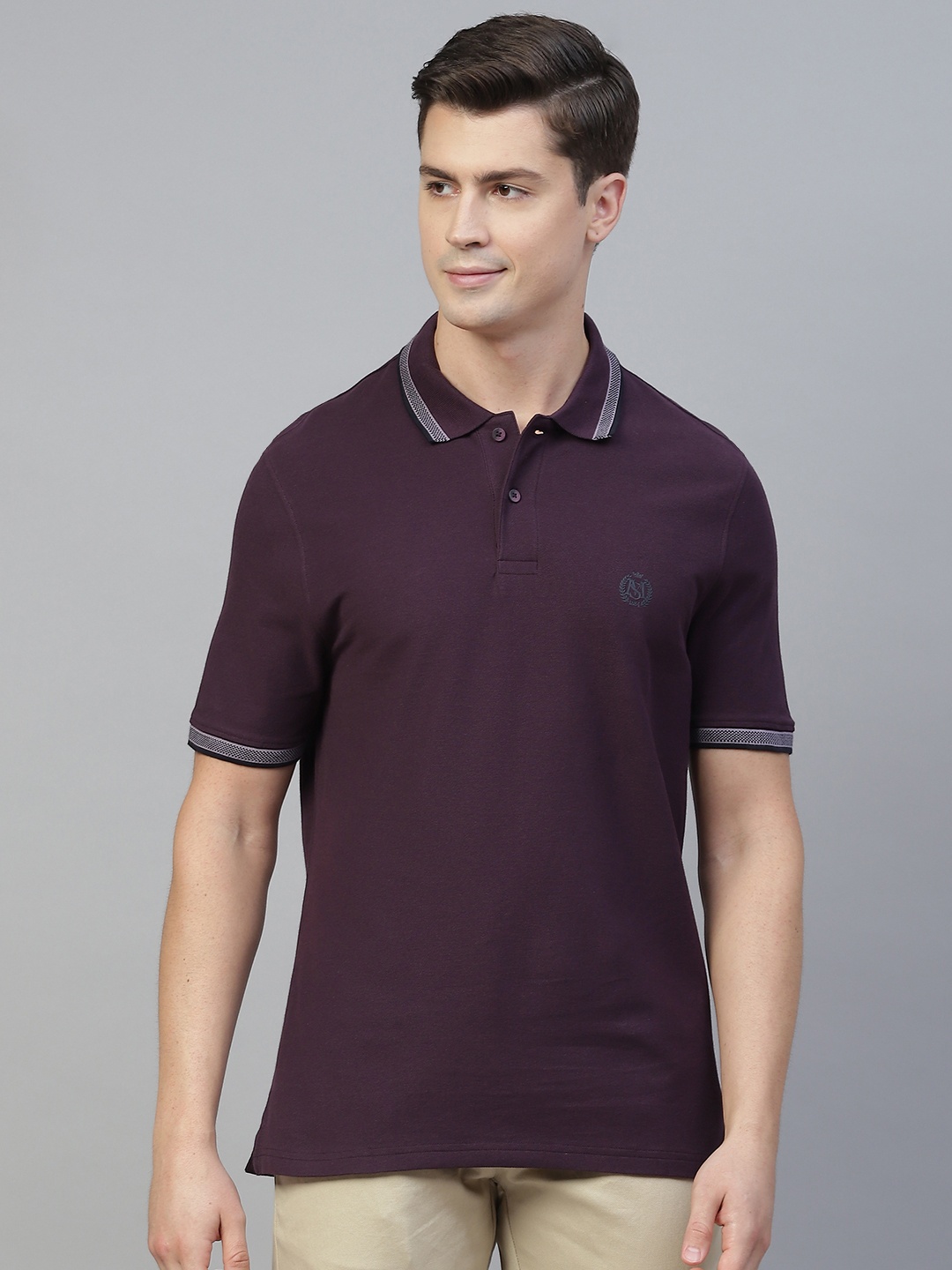 

Marks & Spencer Men Aubergine Polo Collar Pure Cotton T-shirt, Purple