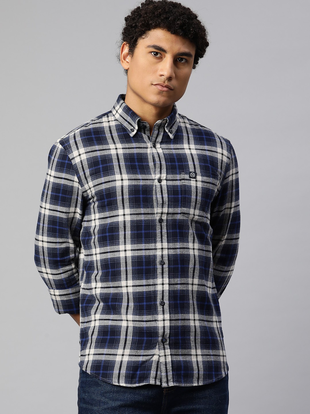 

Marks & Spencer Men Blue & Beige Checked Pure Cotton Casual Shirt