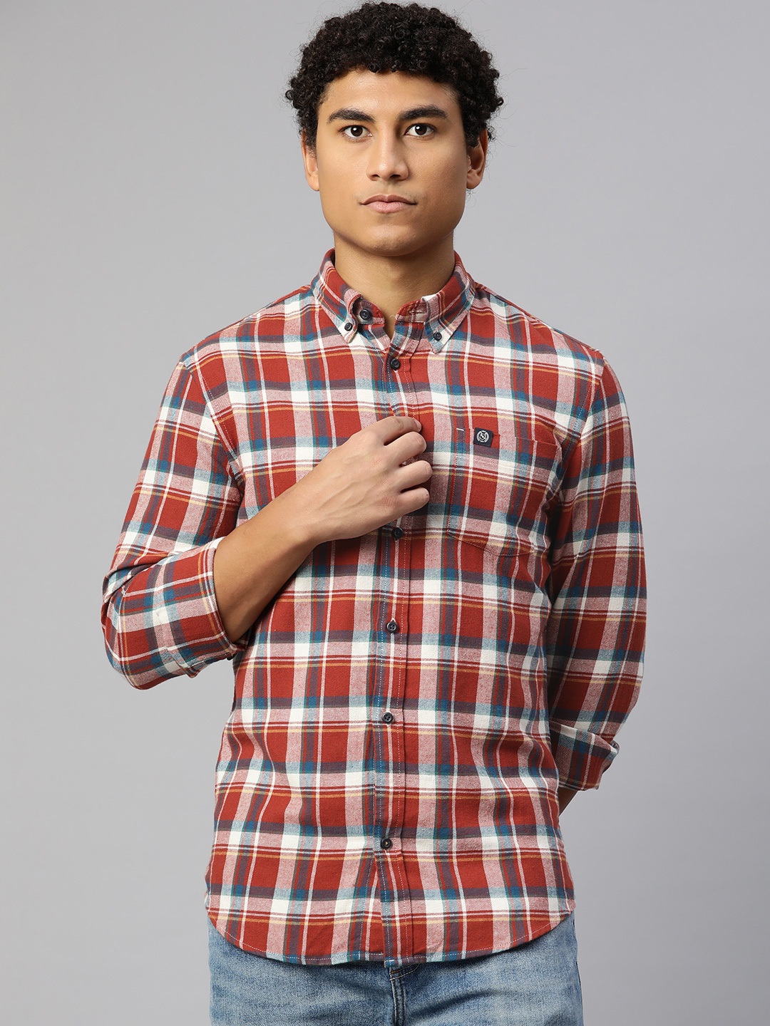 

Marks & Spencer Men Rust Red & White Checked Pure Cotton Casual Shirt