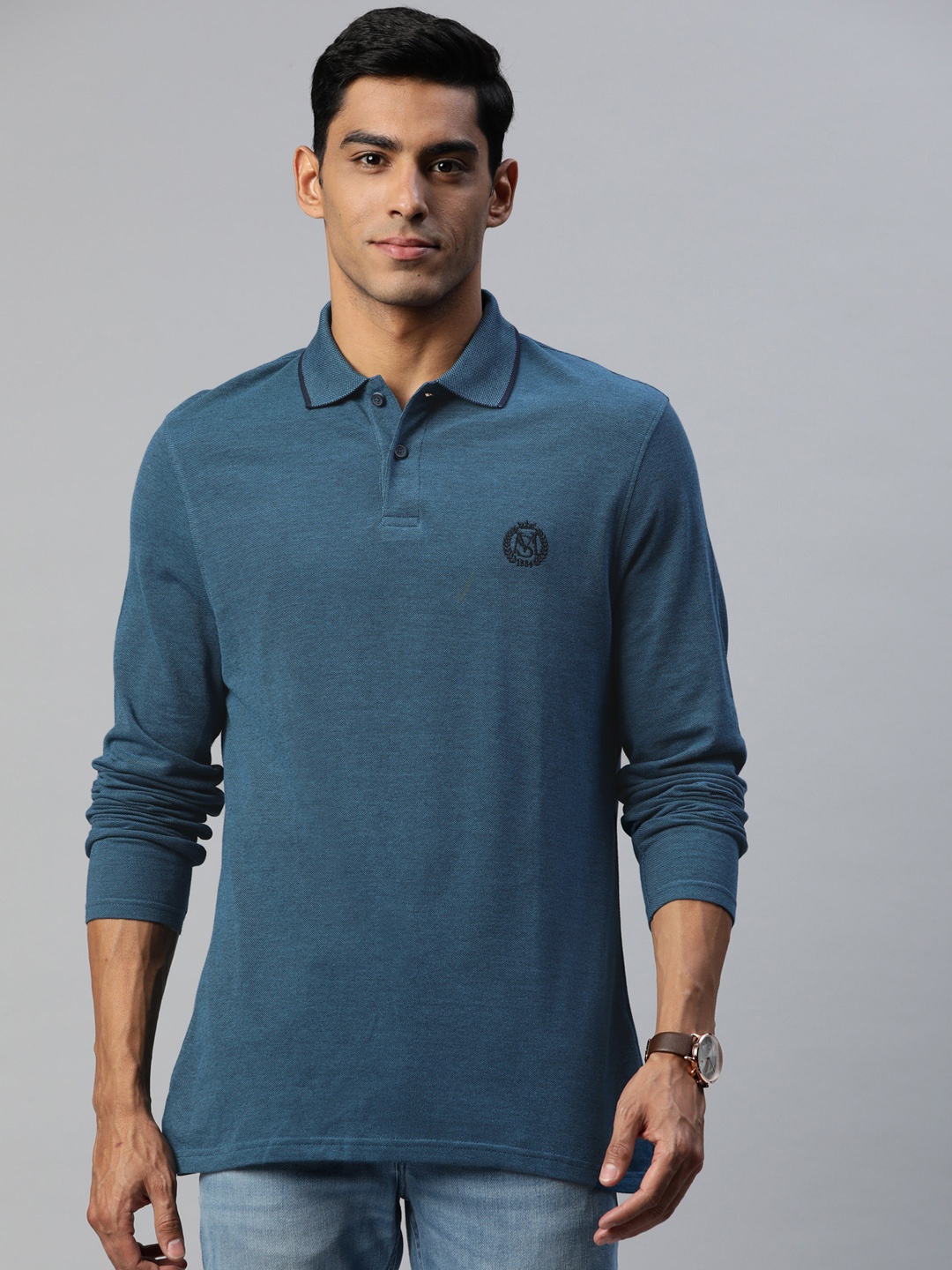 

Marks & Spencer Men Teal Blue Pure Cotton Polo Collar T-shirt