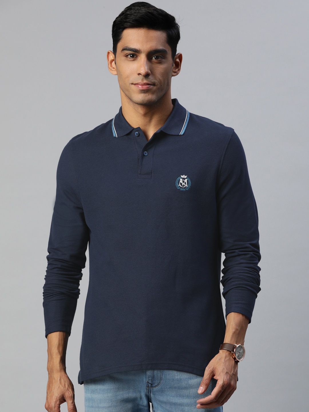 

Marks & Spencer Men Navy Blue Pure Cotton Polo Collar T-shirt