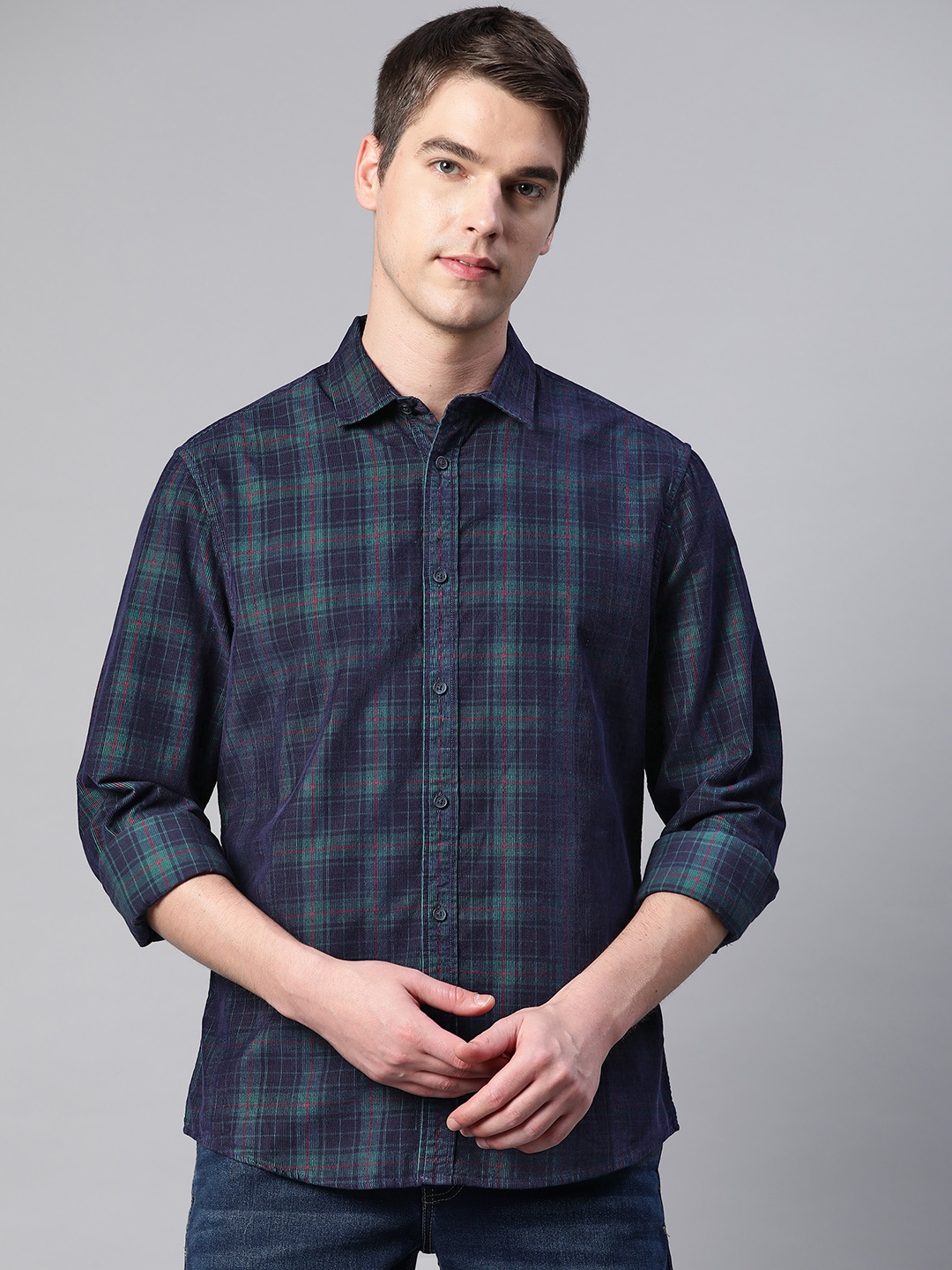 

Marks & Spencer Men Corduory Tartan Checked Cotton Shirt, Navy blue