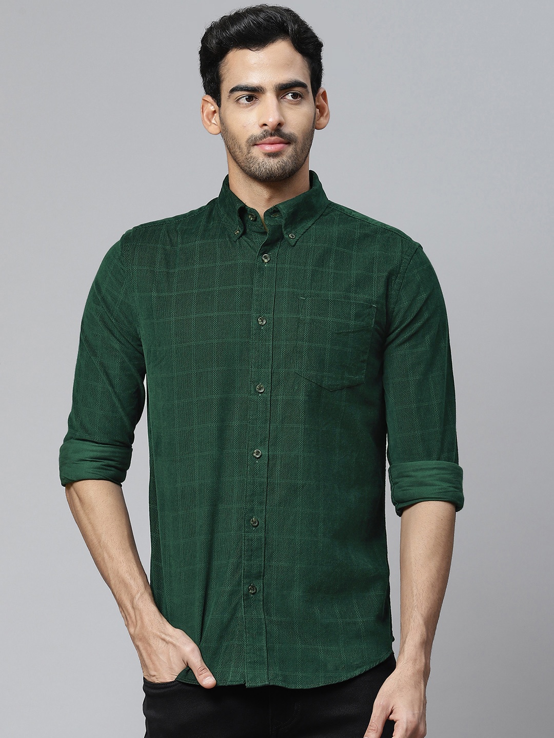 

Marks & Spencer Men Pure Cotton Checked Corduroy Casual Shirt, Green